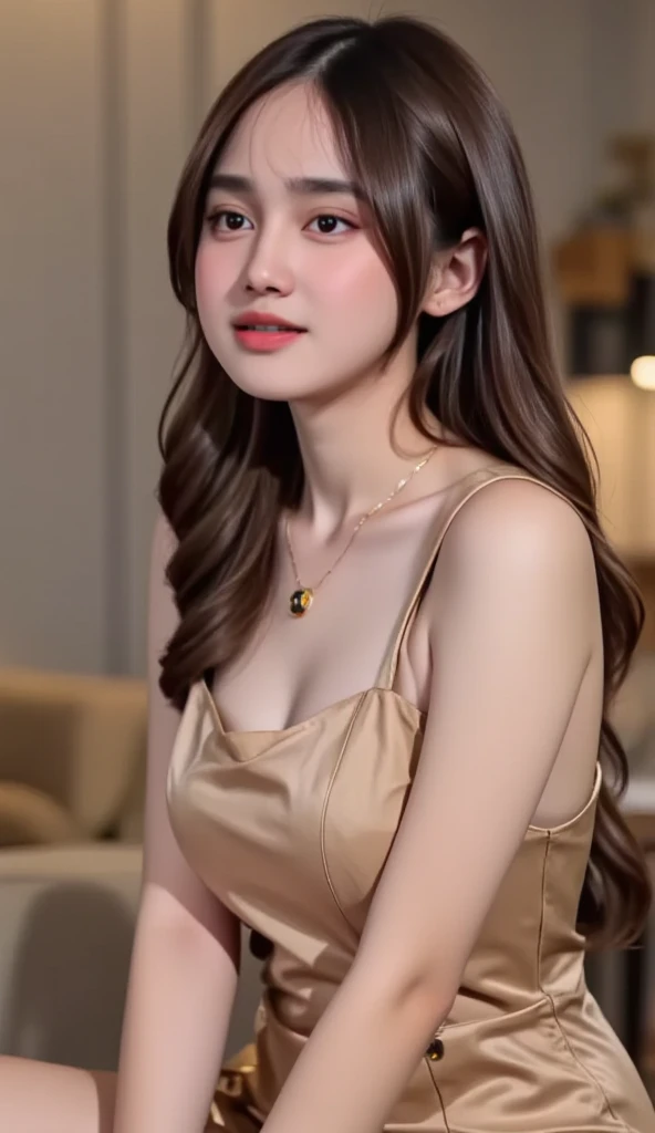 Beautiful black and brown medium hair realistic girl、18 year old girl、complete nudity、very sexy and realistic photos、from the chest up、Angle that emphasizes the face、Focus on the face、Ethereal beauty, Shiny beautiful hair、waves of long hair cascade down her shoulders, ((detailed face:1.2)), ((detailed faceの特徴)), delicate skin、Reflectors that add depth to her attractive features, Photographed with Canon EOS R5, 50MM lens, f/1.8, High resolution, (8K) (wallpaper) 、shadowless lighting、studio lighting、soft light, ((david hamilton style)), Bedroom in a luxury hotel in Rome、Dark night bedroom、Dark, warm, subdued indoor lighting、classic luxury decoration、big bed、big pillow、18 year old adult Japanese woman、translucent white skin、very white skin、clean skin without blemishes、Very big face、Silky delicate hair、Gorgeous wavy hair like an actress、thin eyebrows、long eyelashes、Horizontal and very beautiful brown eyes、highlight on eyes、Clear double eyelids、sexy very dark eyeshadow、slightly big mouth、Very red lips、Sexy lips with slightly open mouth、smile a little、Very shy and sexy look、the most beautiful face、Marilyn Monroe in Japan、Eyes half closed、 body type、thin and long neck、exposing breasts、small sagging breasts、small nipples、large and luxurious gold necklace、Big gold earrings in the ears、Realistic anatomically correct body、very close up of the face、exposing breasts、from the chest upの肖像写真、from the front、from a little below、