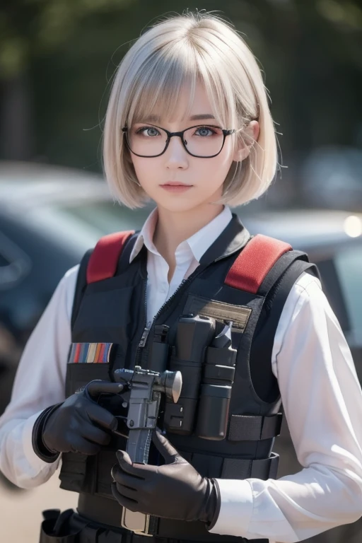 （（Squat on one knee，Shooting status with a rifle in hand）），Wild snow，((Masterpiece:1.2, Best quality)),Movie,offcial art,promotional art,movie wallpapers,（A blonde girl is in ）, （White suit dress，Double-breasted style，Pleated skirt hem）,Uniform cover， Exposing thighs,185cm. Shot in the snow in cinematic style,  The color temperature is cool，Slightly bluish tint, Convey a feeling of indifference and tension. The lighting is dramatic，There are harsh shadows and highlights, . Shot with a Sony A7R IV camera，The aperture is f/2.8, ISO 1600, a shutter speed of 1/200th of a second. UHD dtm HDR 8k.