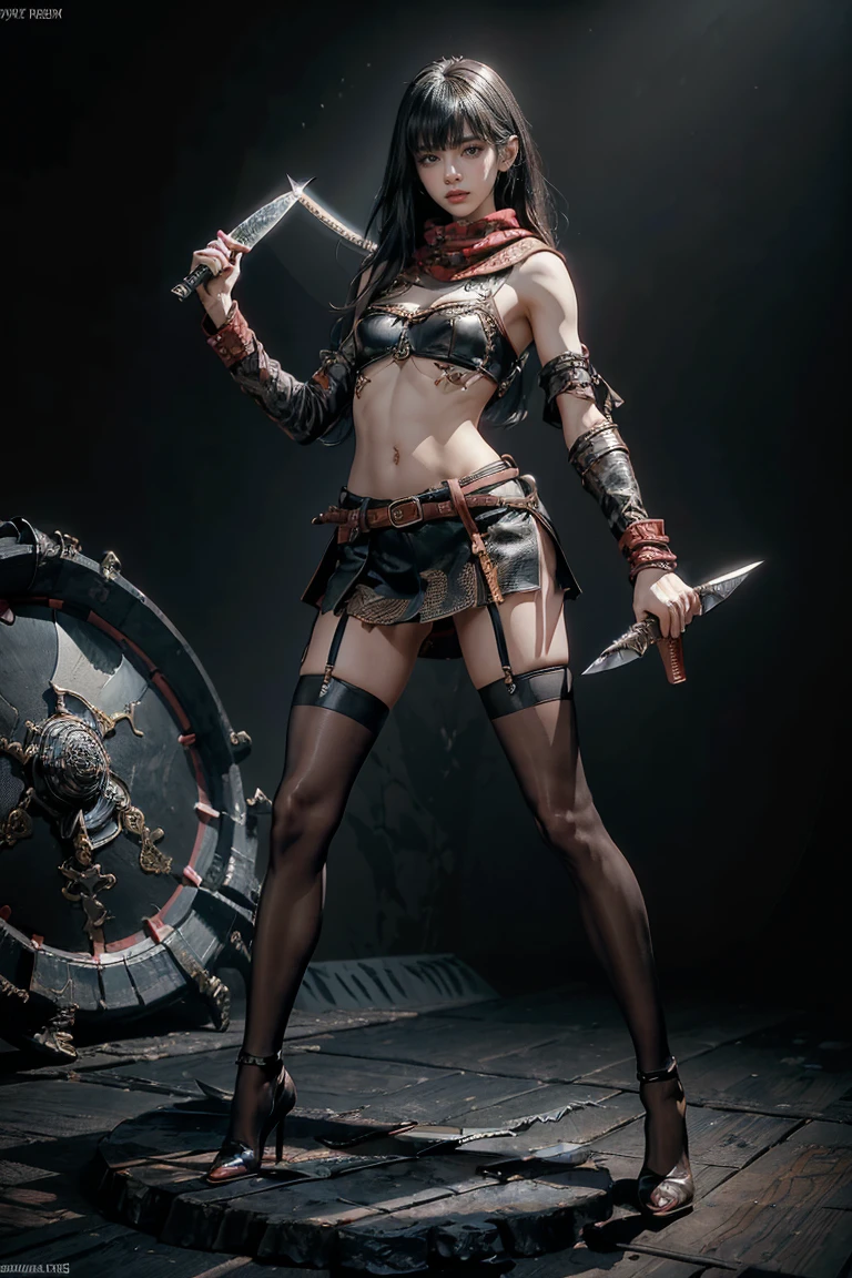 ((Full body photo,standing, feet on the ground)) Game character standing drawing design，Hell monsters，short，Strong limbuscle explosions，Covered with scales and barbs，cunning，shadowy，uncanny，terroral，scythe，Fighting posture，（full bodyesbian：1.4），with black background，clean backdrop，depth of fields，high light，Real light，Ray traching，OC renderer，UE5 renderer，Hyper-realistic，best qualtiy，8K，Works of masters，super-fine，Detailed pubic hair，Correct anatomy，