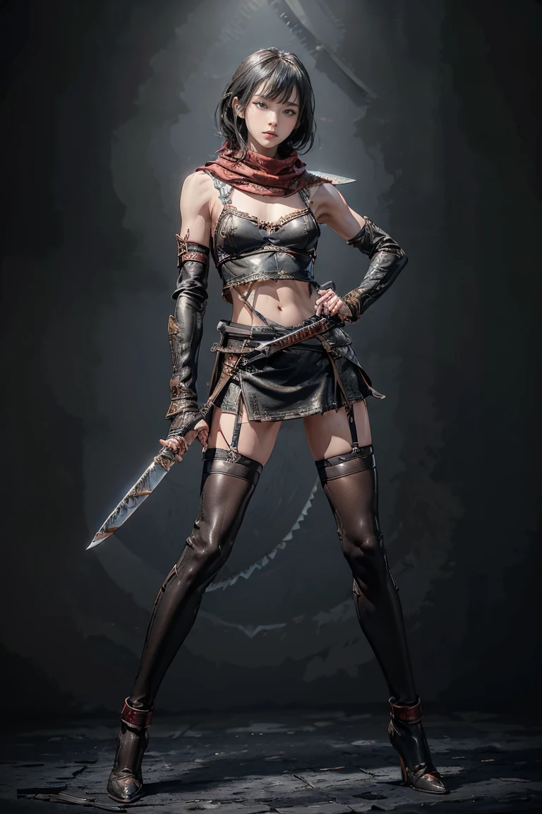 a female character in her 20s with long, straight, non-curly black hair, no bangs, pale skin, and steely black eyes, exuding a calm, dynamic posture, one leg bent while holding a long sword across her body, wearing a rather thin, high-necked dark red tank top that reaches down to her hips, a very short black leather skirt, fishnet stockings on her left leg, black thigh-high stockings on her right leg, brown high boots, a small butterfly tattoo on her right shoulder, a black bracelet on her left hand
