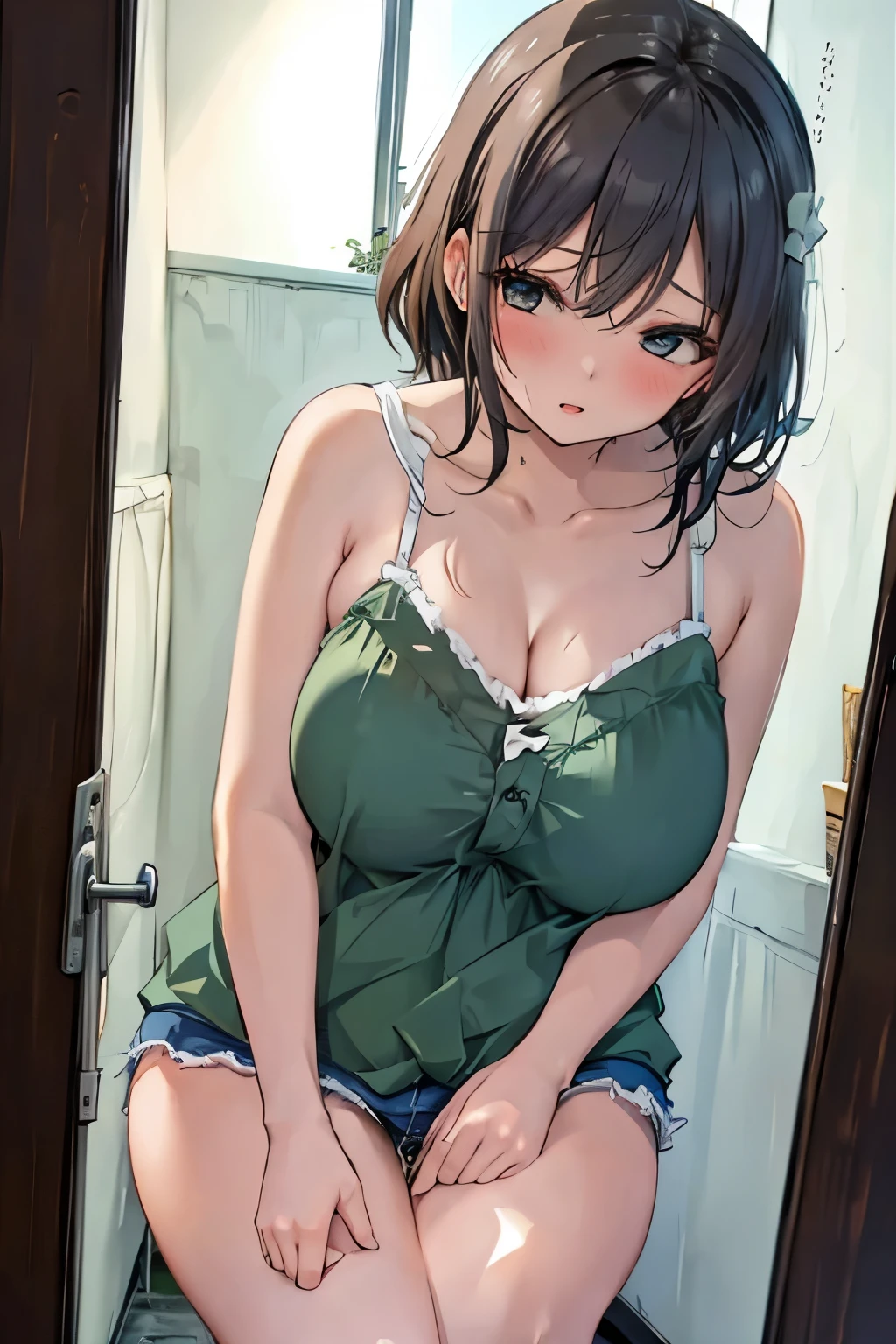 locker room, 1girl, holding panties, sundress, wet hair, wet, large breasts, 
masterpiece, best quality, highly detailed