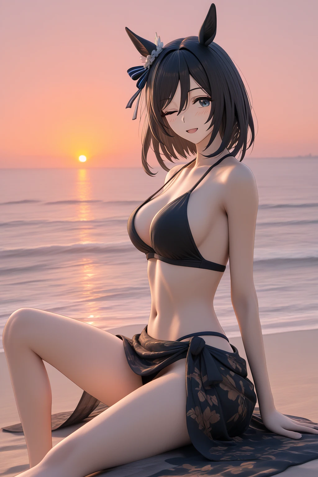 realisitic、top-quality、女の子 1 人、20yr old、dark-colored hair、piercings、Shy face、Fancy Bikini、beautiful boob 、sexypose、s ass、night sandy beach、Particles of light、profetional lighting、blue open sky