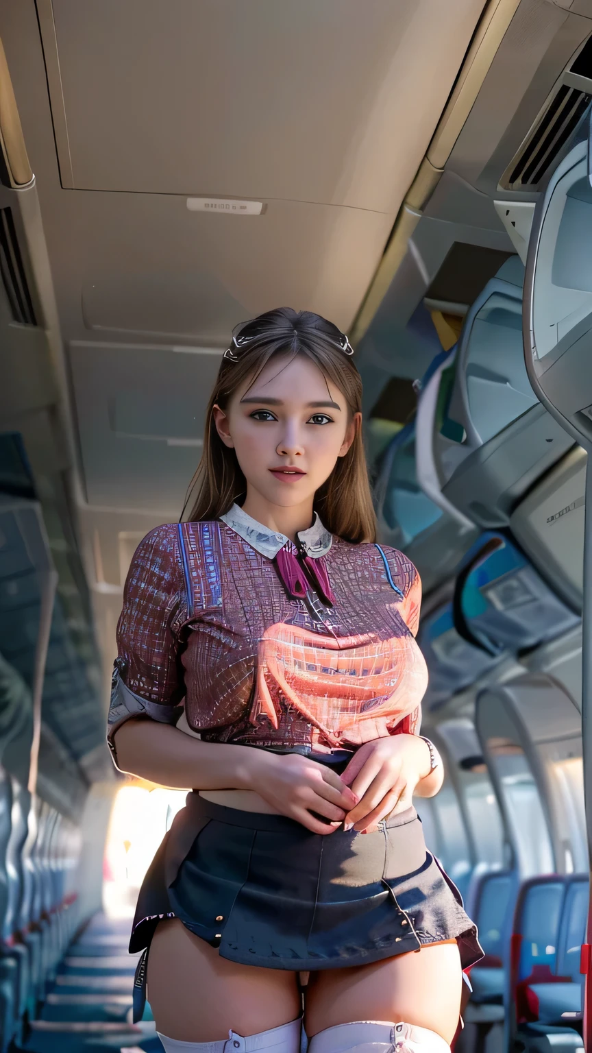 1beautiful womanl, 28years、hyperdetailed face、Detailed lips、A detailed eye、double eyelid、(Smiling while walking gracefully down the aisle)、(Stewardess uniform:1.2)、((mini skirt:1.5)) (Glamorous body)、(Colossal tits)、(large full breasts)(big butts)(Plump body)(plump body shape)( large full breasts)(Colossal tits)((J-Cup))、highs thighs thighs thighs, Perfect fit, Perfect image realism, Background with: (Business Class aisle on airplanes:1.2), Cowboy Shot, Meticulous background, detailed costume, Perfect litthing、Hyper-Realism、(Photorealsitic:1.4)、8K maximum resolution, (masterpiece), ighly detailed, Professional