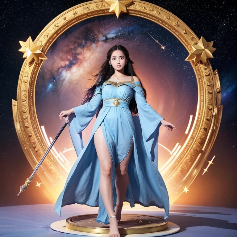 1girl, solo, light blue eyes, brown hair, holding a golden scepter, (blood volume: 1), running in the universe, (huge black hole: 1.2) full body, (official set: 1.5), dullyarts, dust background details, Eye details, ore disease lesions\(Tomorrow's Ark\), (realism: 1.4), official art, unreal 8k wallpaper, ultra-detailed, beautiful and aesthetic, masterpiece, best quality, (dynamic angle: 1.4), (floating Colorful sparkle: 1.2), elegant, bright colors, romanticism, medium chest, no panties