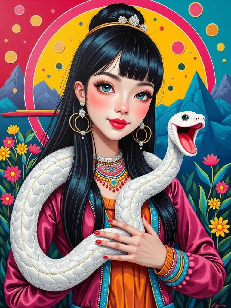 masterpiece, best quality, inuit, tribal, psychedelic, 1girl, closeup face, (open mouth, show tongue), (polka dot tongue), eyes closed, white, red, green, blue, winter, sketch