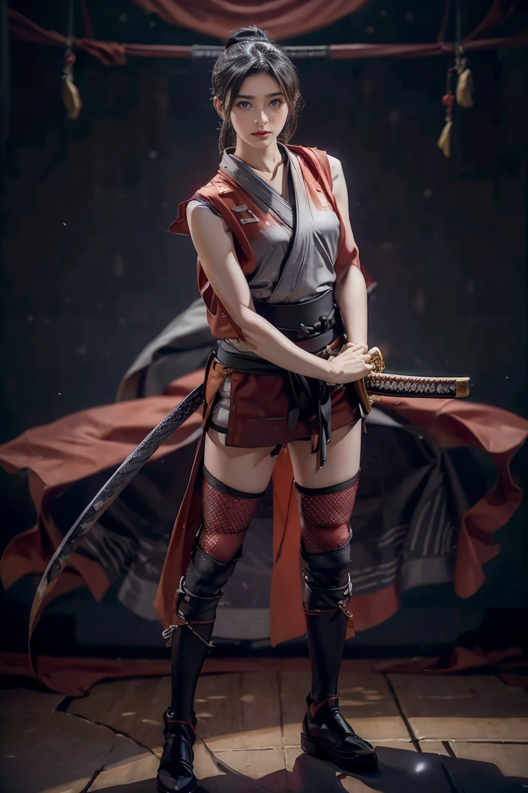 Moisturized skin, (red eyes), realistic body, (adult female body), (glasses), heartless,
BREAK,
bright red lipstick, (beautiful navel),
BREAK,
(folded ponytail: 1.2),
BREAK,
((masterpiece + highest quality + high resolution + highly detailed)), (full body: 1.2), symmetrical, one shot,
BREAK,
(leaves fluttering), (wind blowing), (battle stance: 1.4),
BREAK,
(large Japanese sword), (glasses), ninja clothes, night, full moon, assassination,