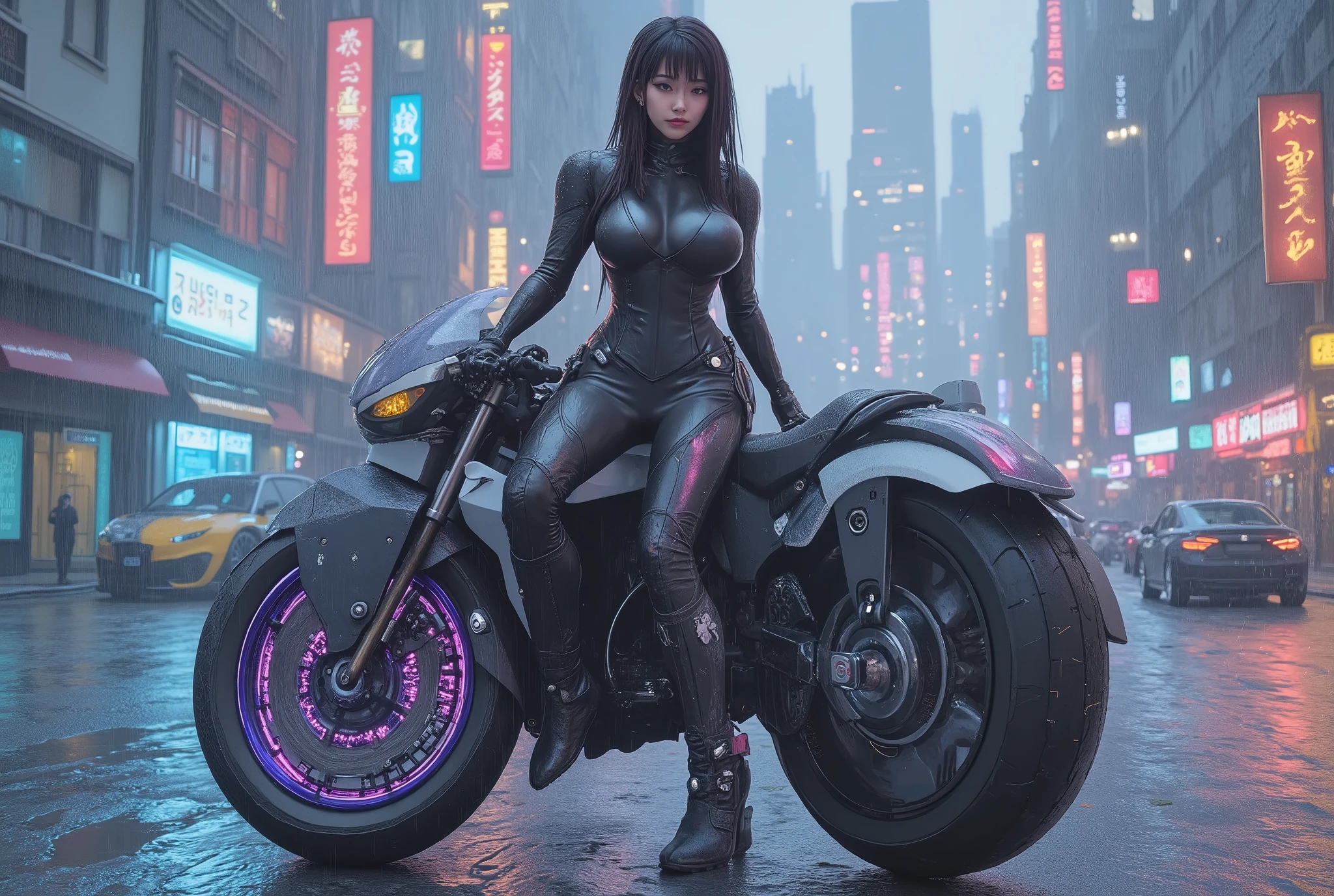 Integrated into the design in ArsMj style , cyberpunk, The image shows a woman riding a futuristic motorcycle in the rain. She is wearing a black dress and the background is filled with buildings lights and other vehicles. The images are animated and give a 、 dynamic impression, car, 1 girl in the best, cute face, motorcycle, Ground vehicles, rain, bodysuit, Alone, black bodysuit, Outdoors , are blurry, boots, knight,