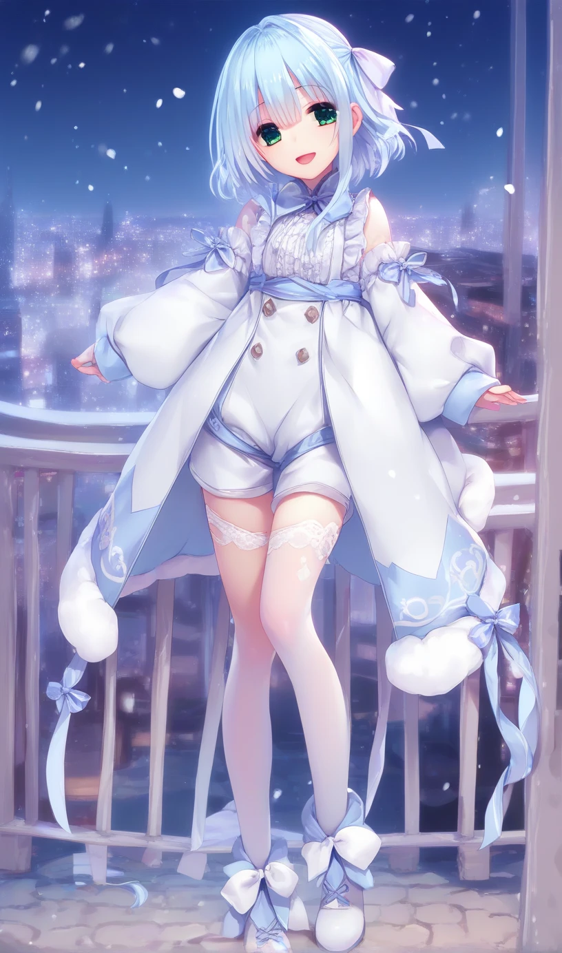 Full-size adult female, blue-brown hair color, full height, light blue eyes, smiling, mouth, lips, wearing transparent, hand holding handrail, ahageo-shaped grimace, ((Dress With Hood Drawstring Along Side Tube)) , white skin color, thick legs, thick thighs, bangs, lace underwire bra, side locks, mountain, yellow leaves on trees, background scenery, sunset, sunlight, beautiful afternoon, clouds, wind in hair, flying leaves, ambient details, brighter colors, saturated effect