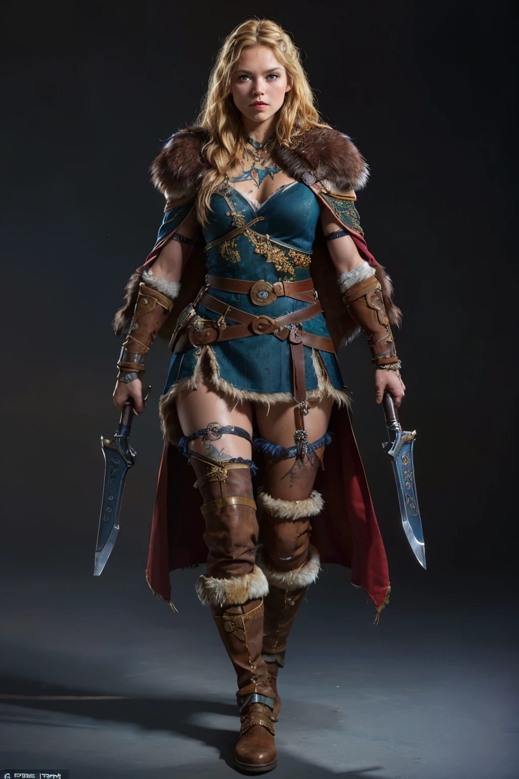 (masterpiece:1.2, best quality), (photorealistic:1.2), Viking_dual_V1, viking, solo, standing, 1girl, ((full body)), (holding sword, dual wielding), armor, boots, fur trim, shoulder armor, belt, pants, pauldrons, cape, scar, tattoo, facial tattoo