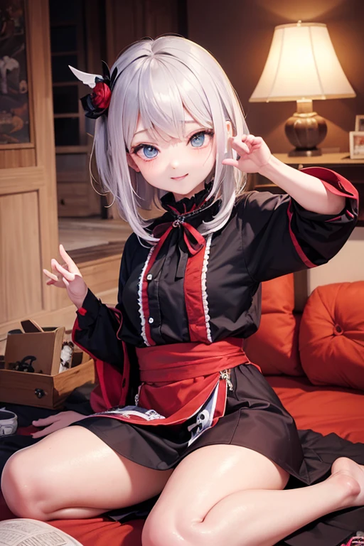 A very beautiful 19 year old woman, ((white  hair)), bob haircut, shorth hair, ((big yellow eyes:0,8)) ((light light yellow eyes:0,3)) ((bright yellow eyes:0,3)) red nails, young and beautiful face, brawny, slim body, but well proportioned, perfect white skin, high detailed drawing, lifelike face. (((Wearing traditional Chinese imperial clothing, black with gold decorations:0,8))) ((black clothes with gold details, com red skirt:0,5)) ((black cloak with golden decorations, com red skirt:0,5)) ((black dress with gold details, com red skirt,)) (((red skirt com detalhes dourados:0,8))) ((red skirt with gold details:0,3)) ((red skirt:0,3)) ((with red Hanafuda earrings:0,5)) ((black garter belt with thigh high stockings:0,5)) Kneeling on a white bed in an ancient Chinese room, at night with the full moon and stars visible through the window at night, with flashes of light reflecting off your body. 4k anime art, perfect lighting.