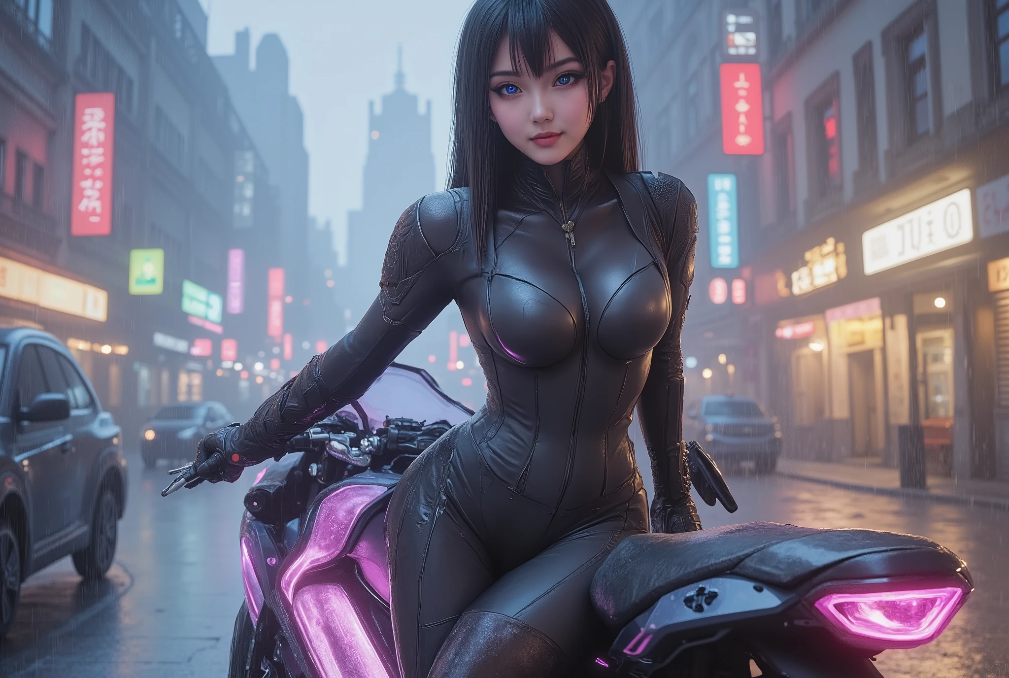 Highest image quality, outstanding details, ultra-high resolution, (fidelity: 1.4), the best illustration, favor details, highly condensed 1girl, with the face of a mature royal sister, dressed in black and red mecha clothes, a lot of mechanical details on the clothes, riding on a sci-fi motorcycle (mechanical details 1.5), the background is the future city center square, high-tech buildings