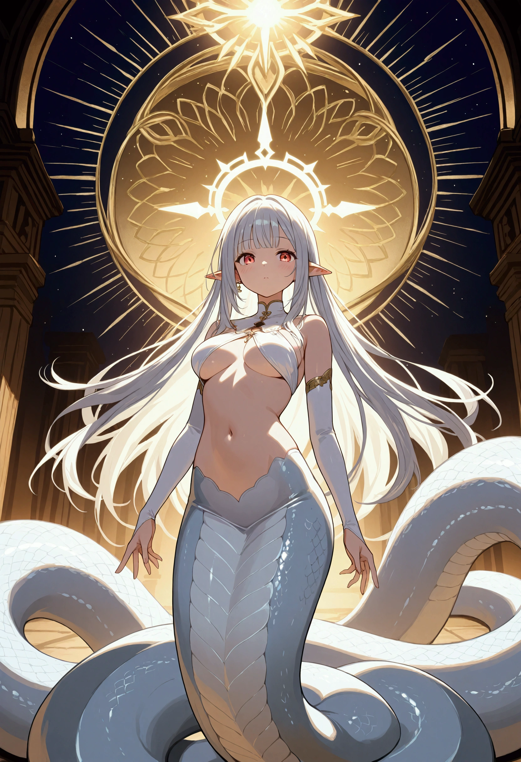 various iridescent effects.
very beautiful pure white half-human, half-snake lamia, divine halo.
background temple in the sky, fantasy art.
various effects, extremely delicate depiction, extremely clear image, bold and dynamic, contrasts of light and shadow, ultra detailed, absolutely resolution, masterpiece
