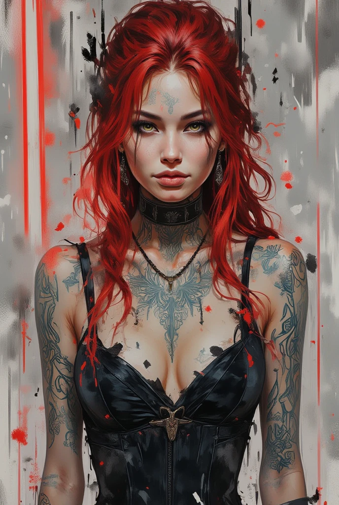 The image is anime style with shadows and dim lights, anime style although somewhat adult and dark, It shows a young woman who is apparently 30 years old., redhead who has her hair in a single large braid, It has only one single small black horn on the right side of its forehead, He has black eye sclera and yellow pupils.. His entire body is tattooed with strange symbols.. She is wearing nothing but a small dark red skirt and very small tits., the plan, tattooed nipples. She is standing on a mountain. His feet are bare. He looks psychopathic. he would be. evil. you can see his feet. tattooed face. Beautiful feet. ONE HORN. she had, demented. he would be. ONE HORN, Strong legs. ONE HORN. not two.