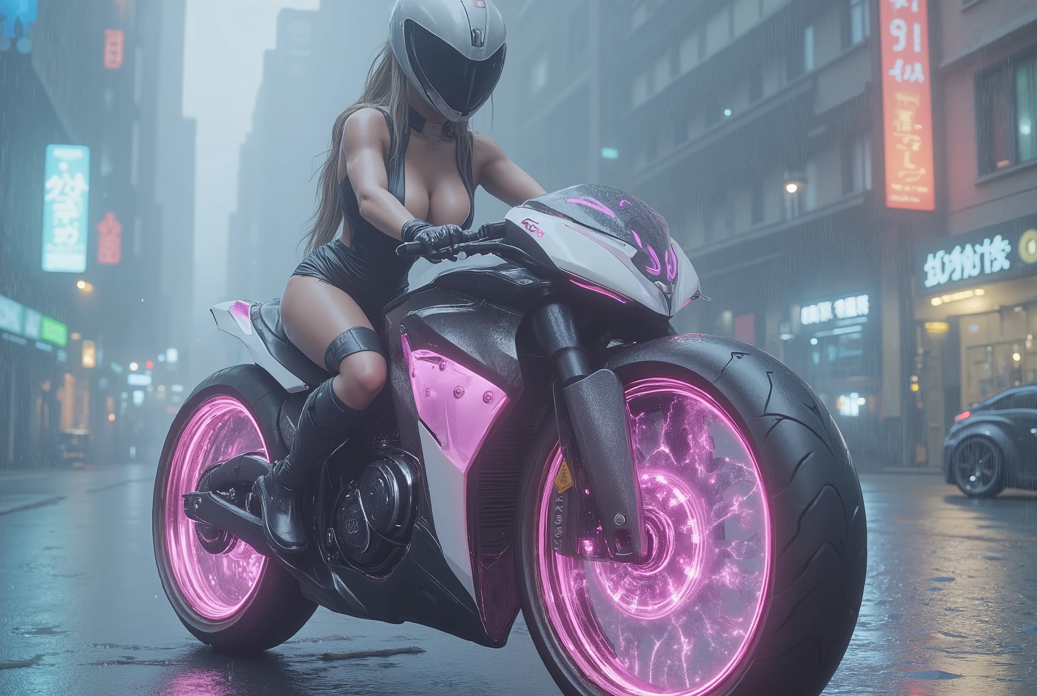 Integrated into the design in ArsMj style , cyberpunk, The image shows a woman riding a futuristic motorcycle in the rain. She is wearing a black dress and a ヘルメット and the background is filled with buildings lights and other vehicles. The images are animated and give a 、 dynamic impression., car, 1 girl in the best, motorcycle, Ground vehicles, rain, bodysuit, Alone, black bodysuit, Outdoors , are blurry, boots, knight