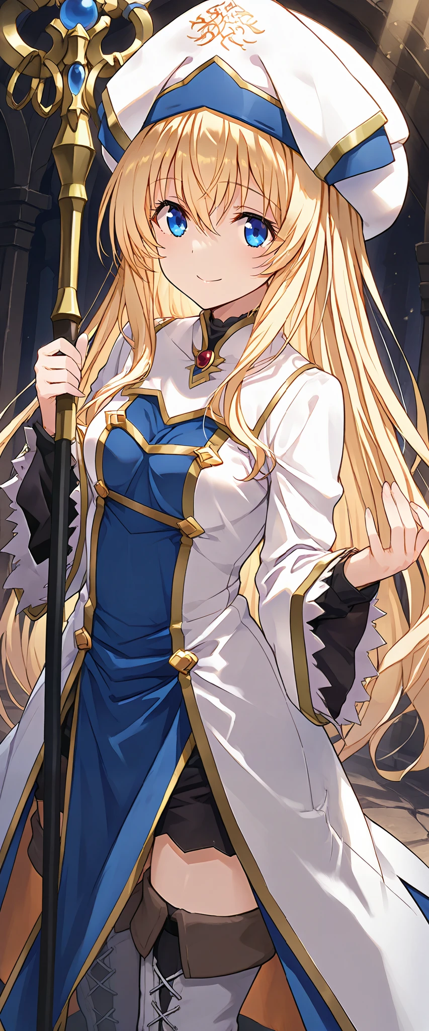 score_9, score_8_up, score_7_up, anime_source, priestess(goblin_slayer),blonde hair,blue eyes,hat,white headwear,long sleeves,hair between eyes,thigh boots,wide sleeves,small breasts,smile,holding staff,masterpiece,Noise Reduction,perfect anatomy,high resolution, ultra-detailed, ultra-detailed face,game cg,dutch angle ,beautiful detailed eyes,visualart,five fingers, perfect hands, perfect lighting,(highly detailed:1.5),