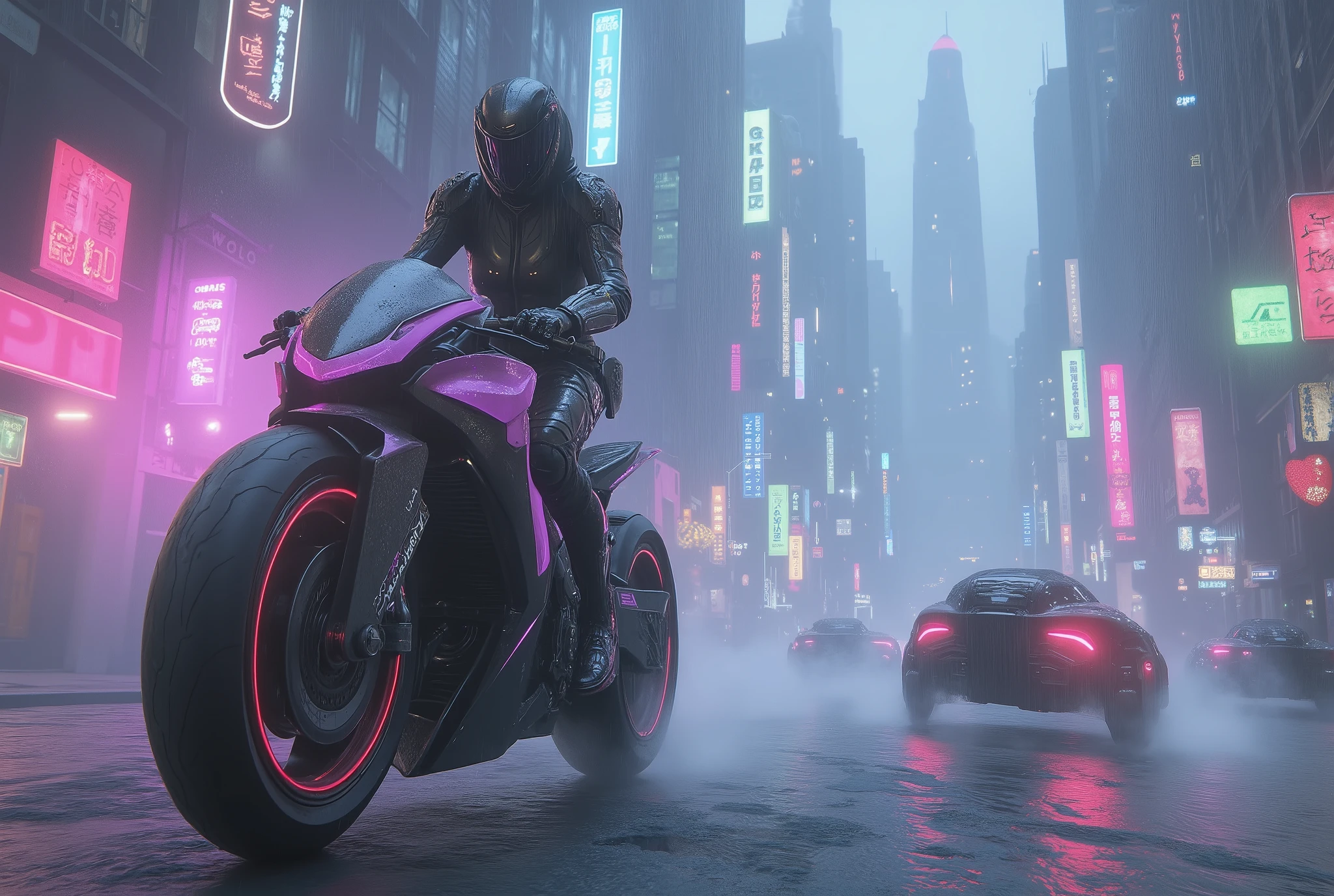 Integrated into the design in ArsMj style , cyberpunk, The image shows a woman riding a futuristic motorcycle in the rain. She is wearing a black dress and a helmet and the background is filled with buildings lights and other vehicles. The images are animated and give a 、 dynamic impression., car, 1 girl in the best, motorcycle, Ground vehicles, rain, bodysuit, helmet, Alone, black bodysuit, Outdoors , are blurry, boots, knight