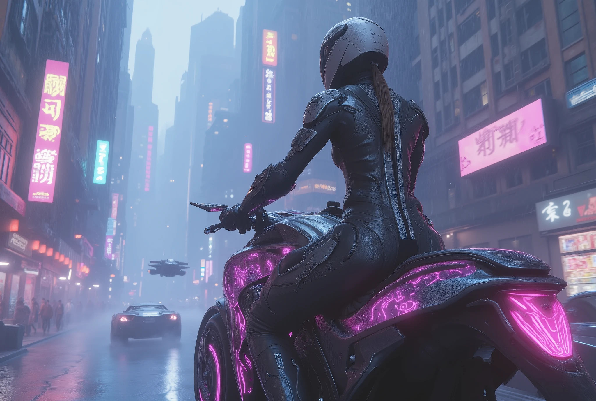 Integrated into the design in ArsMj style , cyberpunk, The image shows a woman riding a futuristic motorcycle in the rain. She is wearing a black dress and a helmet and the background is filled with buildings lights and other vehicles. The images are animated and give a 、 dynamic impression., car, 1 girl in the best, motorcycle, Ground vehicles, rain, bodysuit, helmet, Alone, black bodysuit, Outdoors , are blurry, boots, knight