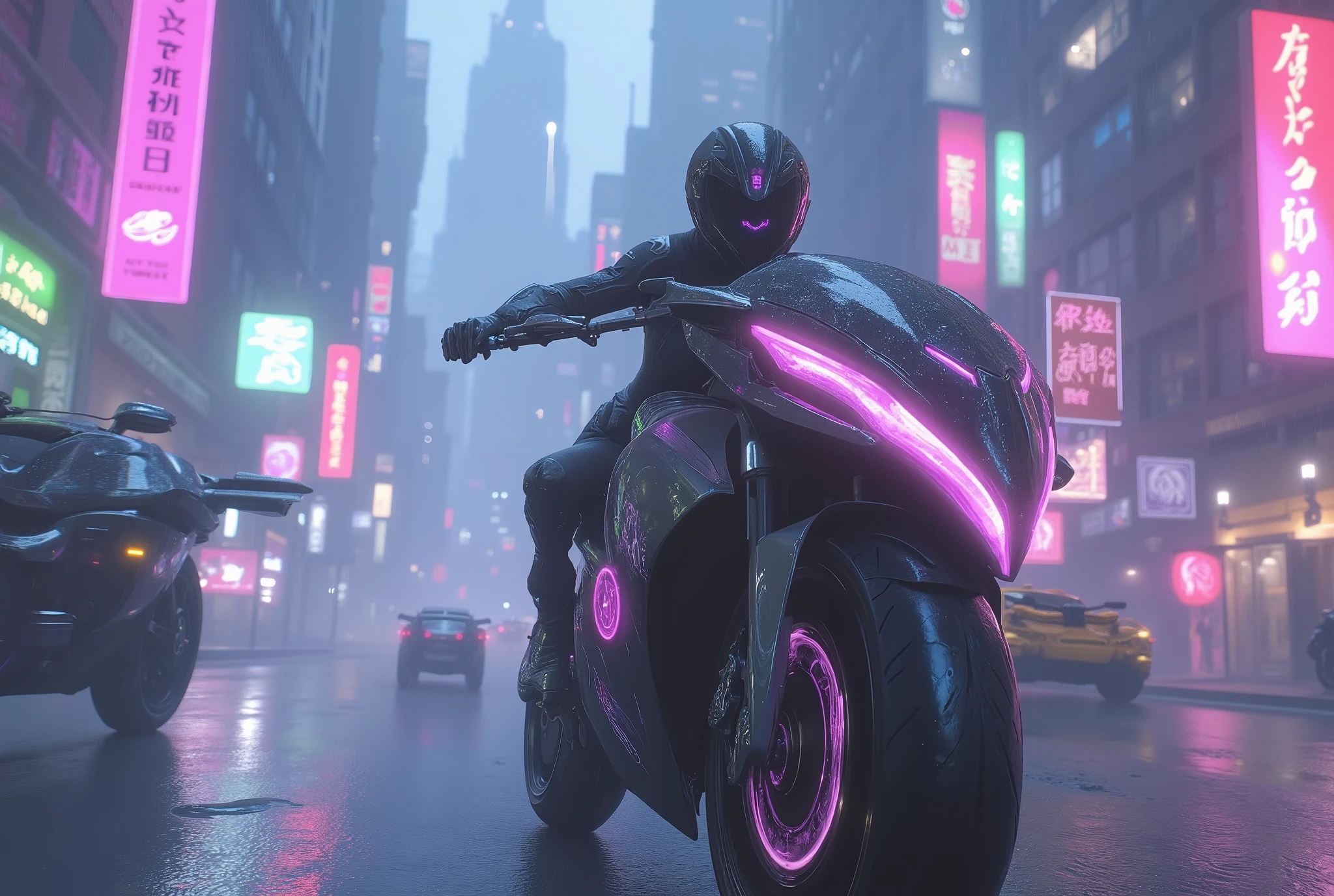 Integrated into the design in ArsMj style , cyberpunk, The image shows a woman riding a futuristic motorcycle in the rain. She is wearing a black dress and a helmet and the background is filled with buildings lights and other vehicles. The images are animated and give a 、 dynamic impression., car, 1 girl in the best, motorcycle, Ground vehicles, rain, bodysuit, helmet, Alone, black bodysuit, Outdoors , are blurry, boots, knight
