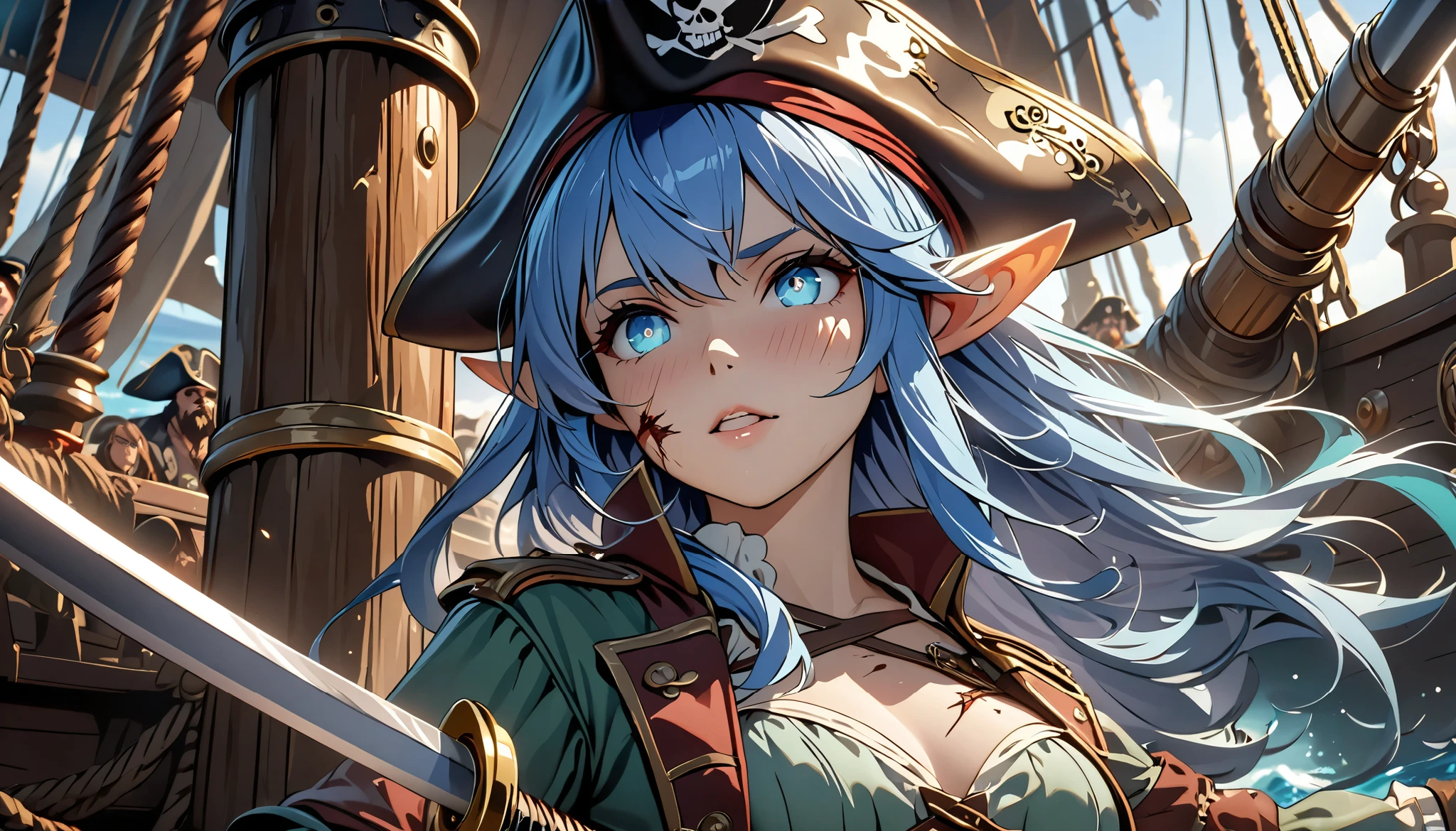 cinematic lighting, UHD, ((masterpiece)), super detail, (detailed eyes, detailed face), high quality, highres, high details, Pirate, Captain, blue Hair, Elven girl, On the pirate ship, Covered in wounds, (Raise her saber and encourage her allies), ager