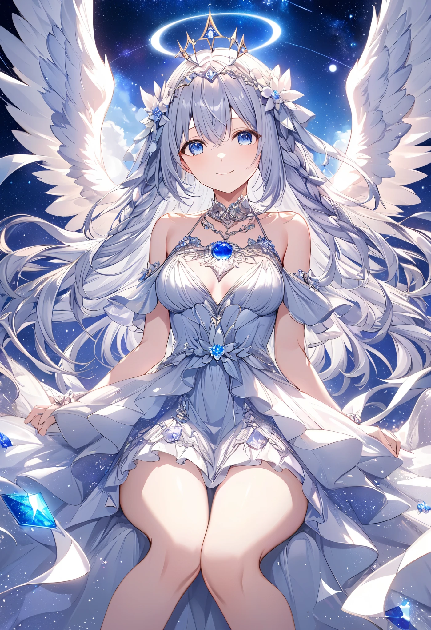 ((Highest quality)), ((masterpiece)), (be familiar with), Perfect Face, Big eyes, Drooping eyes, eyelash, The sparkling light of the eyes, silver hair, gem, white dress, pleated skirt, wide sleeves, white thighhighs, hair flower, (re:NULL), (mini skirt), cleavage, medium breasts, smile, closed mouth