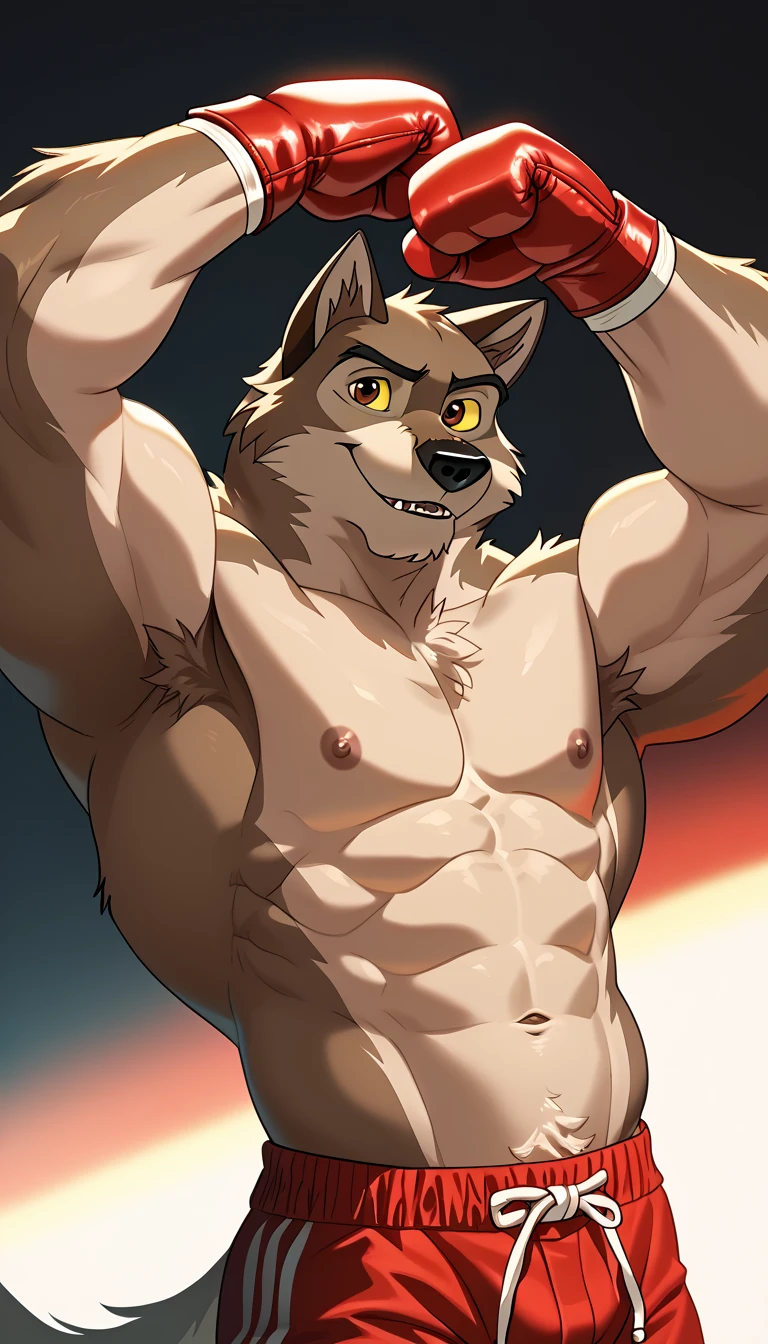 Masterpieces, furry, male, Anthropomorphic, brown wolf, skinny body type, not overly muscular, Delicate eyes, glistening body, criminal thug, kickboxer, depth of field, perfect lighting, (best quality),(masterpiece),(ultra detailed), sharp focus, detailed night city background, shirtless, big black nipples, fierce look, scars, black gloves, glossy oiled up skin, sweating, wet, black underwear, full body, white short hair, white chest fluff, white pubic hair, white goatee, white arm hair