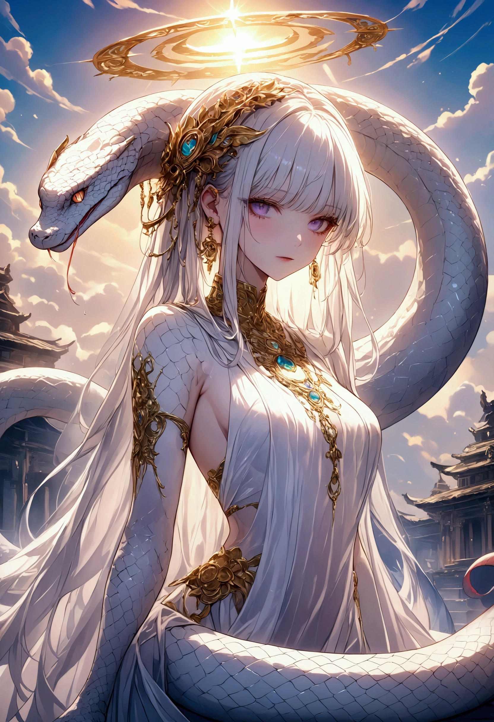 various iridescent effects.
very beautiful pure white half-human, half-snake lamia, divine halo.
background temple in the sky, fantasy art.
various effects, extremely delicate depiction, extremely clear image, bold and dynamic, contrasts of light and shadow, ultra detailed, absolutely resolution, masterpiece