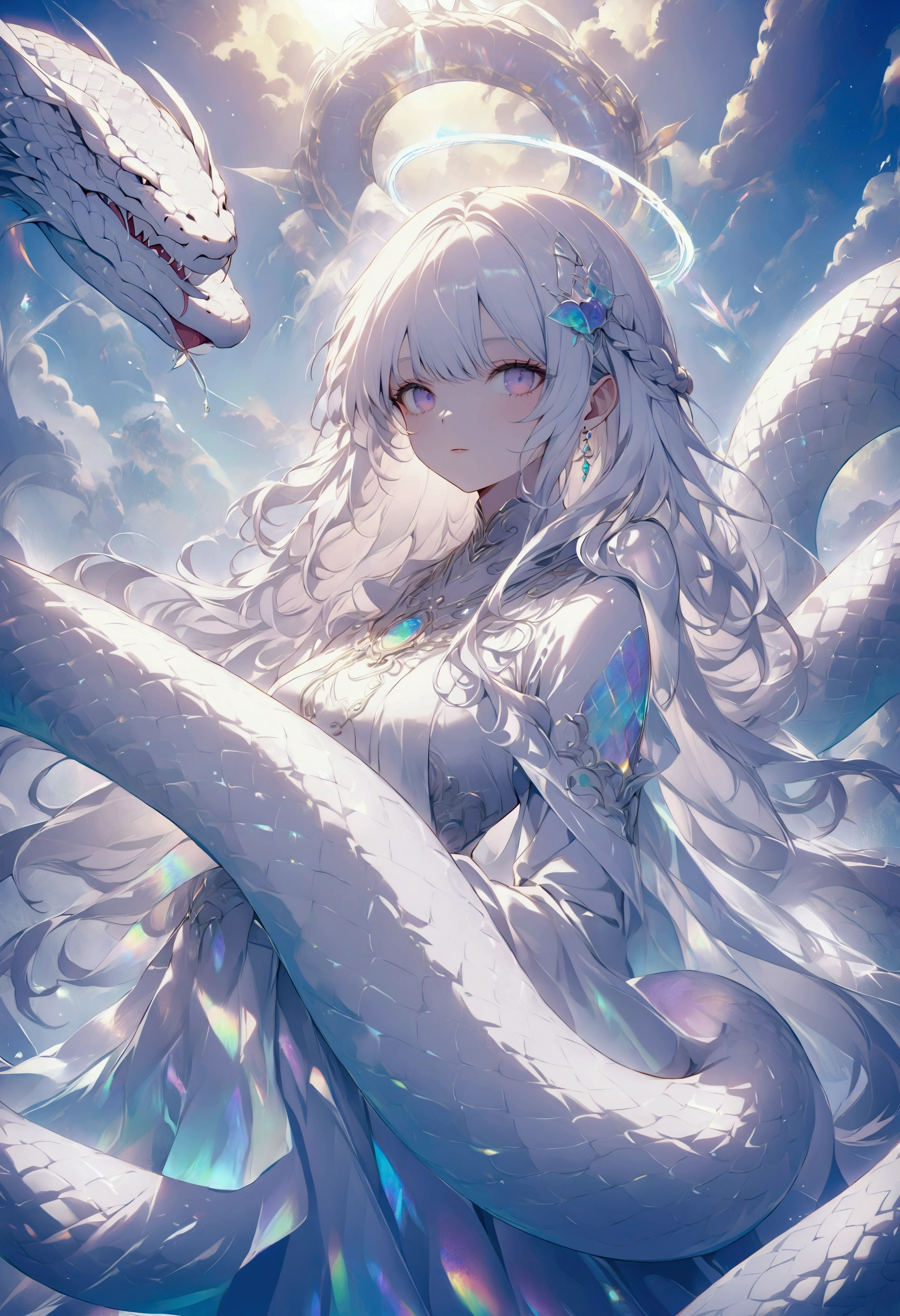 various iridescent effects.
very beautiful pure white half-human, half-snake lamia, divine halo.
background temple in the sky, fantasy art.
various effects, extremely delicate depiction, extremely clear image, bold and dynamic, contrasts of light and shadow, ultra detailed, absolutely resolution, masterpiece