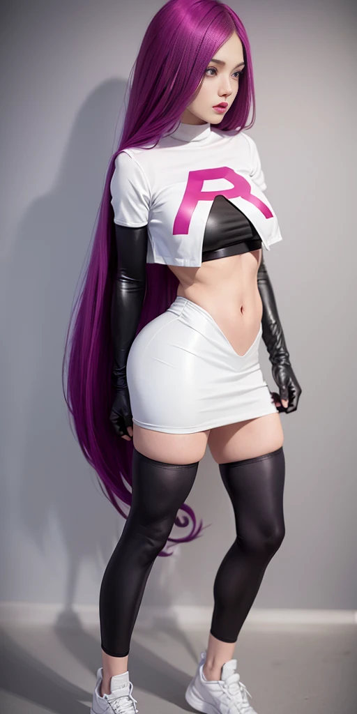 European girl, 2, sexy, sexy body, holding two knives in her hand, black military outfit, purple hair, latex outfit, big ass, pussy
