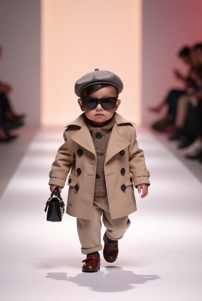 "A cute dressed in a miniature high-fashion outfit, featuring a stylish trench coat, tiny beret, and small loafers. The babyks confidently down a chic runway, with oversized sunglasses and a tiny handbag. The background is a soft pastel-colored runway with gentle spotlighting, giving off an elegant, modern fashion show atmosphere."