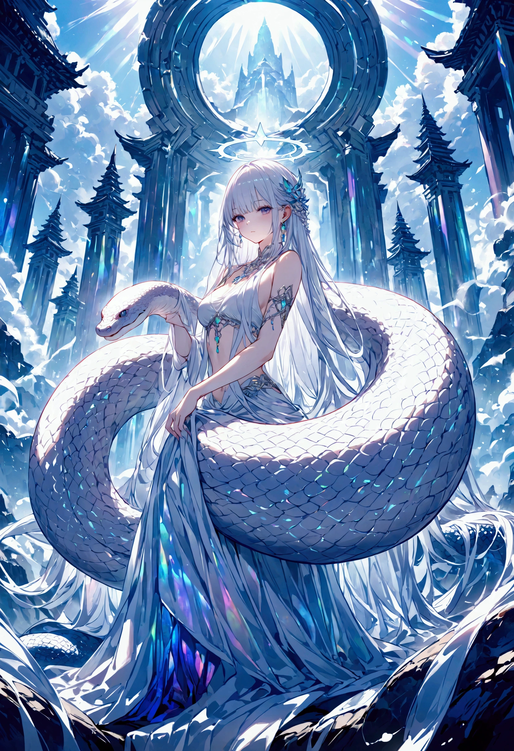 various iridescent effects.
very beautiful pure white half-human, half-snake lamia, divine halo.
background temple in the sky, fantasy art.
various effects, extremely delicate depiction, extremely clear image, bold and dynamic, contrasts of light and shadow, ultra detailed, absolutely resolution, masterpiece