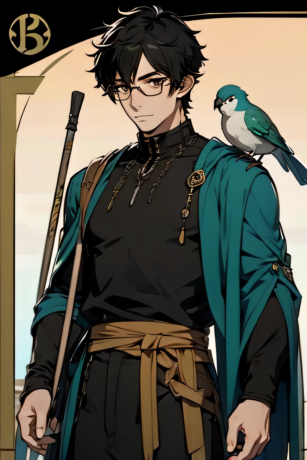 anime、 Wizard、Elf、Round Glasses、Commander in Chief、male、One person、 black hair、 odd-eye、 black costume、cane holder 、 handsome、bird