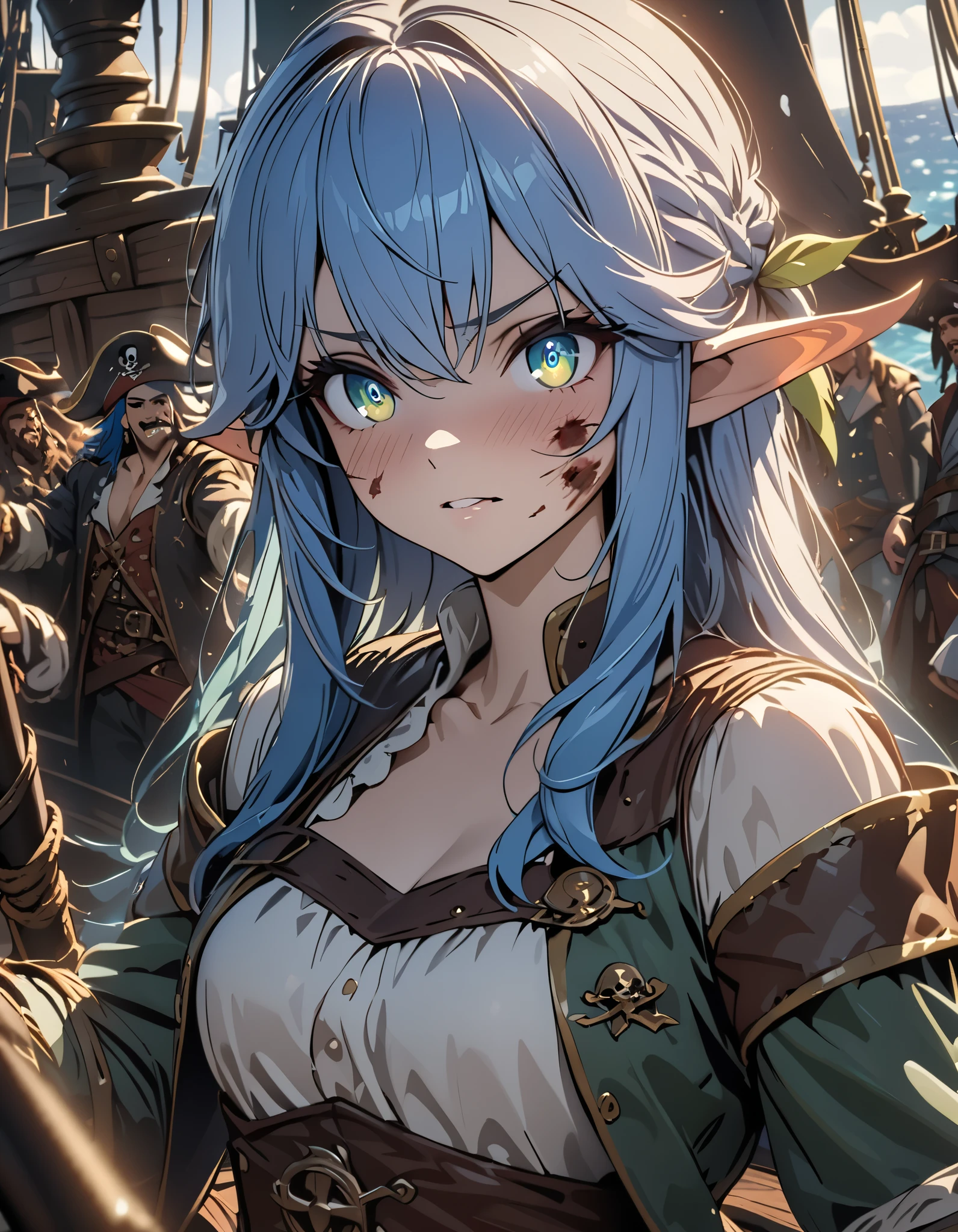 cinematic lighting, UHD, ((masterpiece)), super detail, (detailed eyes, detailed face), high quality, highres, high details, Pirate, Captain, blue Hair, Elven girl, On the pirate ship, Covered in wounds, (Raise her saber and encourage her allies), ager