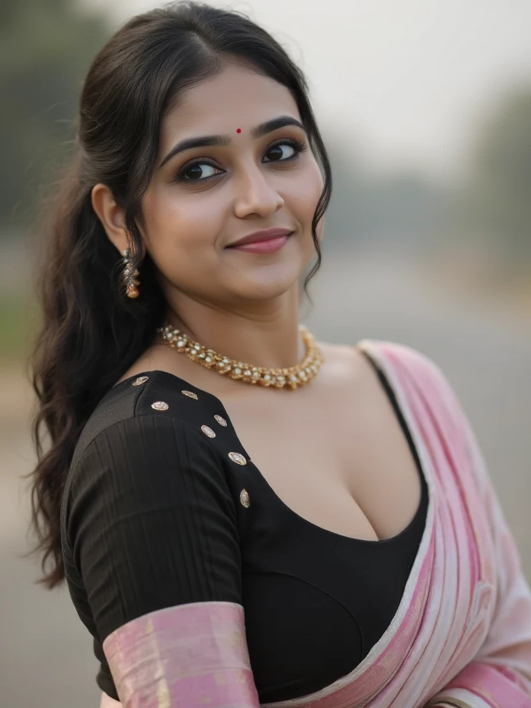 Showing clevageBeautiful black saree ,clevage, facial expressions ...