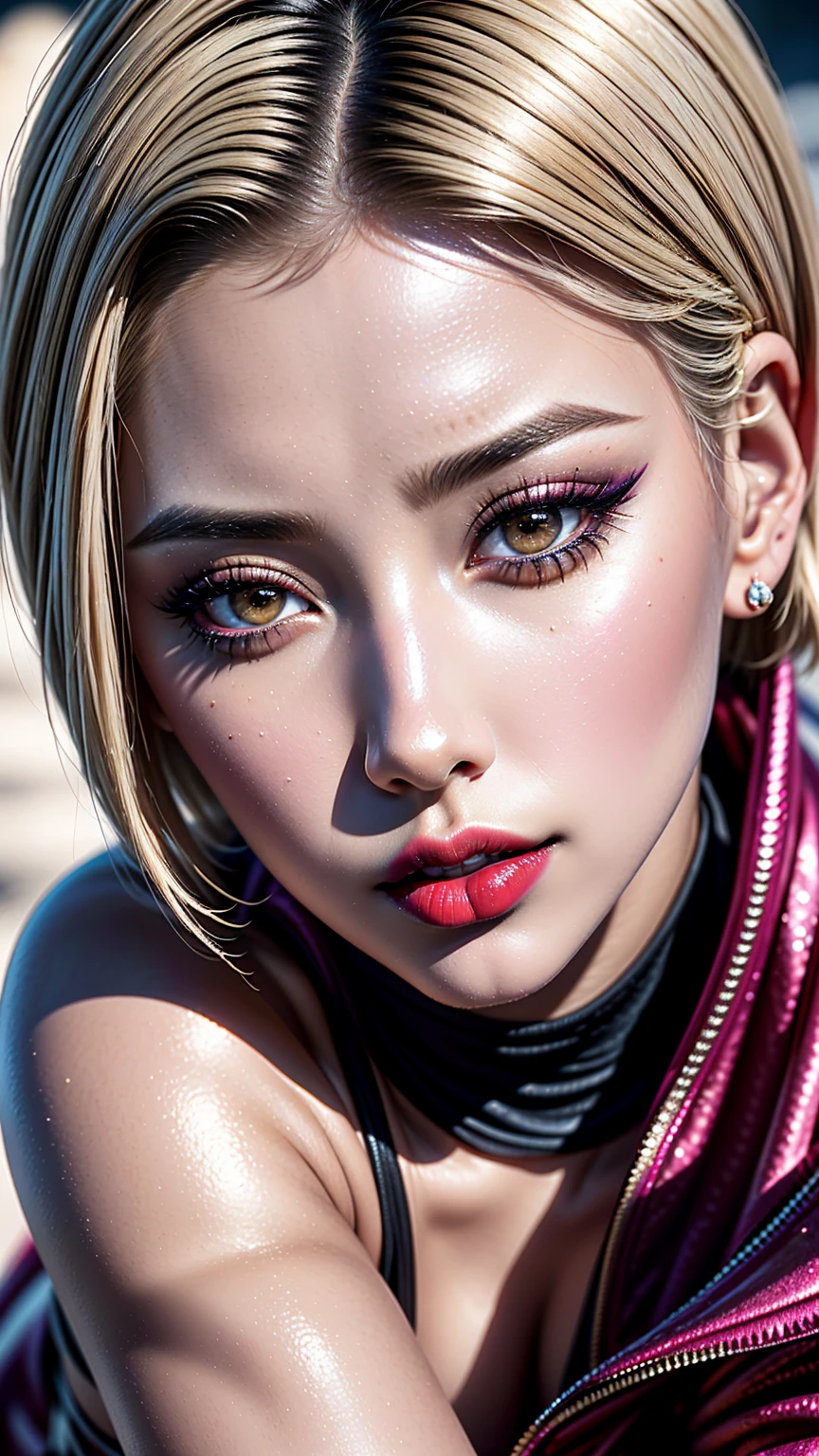 (Highest resolution),(the most absurd quality),(masterpiece),(sharp focus),(最high quality),(photorealistic),(hyper realistic),(best high quality real texture skin:1.4),(ebony skin female),(best quality texture hair:1.4),beauty mixed of girl(madison ivy)[jessica alba] in 1girl:1.4 20 years old,looking at viewer,cinematic,dark,muted colors,slate atmosphere,(Super beautiful face),(realistic face),absurd(ultra detailed eyes), finely detailed face,finely quality eyes,(tired and sleepy and satisfied:0.0),realistic eyes,perfect round eyes,finely detailed pupils,(brown_eyes:1.3),detailed lips:1.3,pink_makeup:1.3,long blue_eyeliner:1.2,(red_lipstick:1.25),perfect dark_eyeshadows:1.3,there a close up of a woman's,(super detailed makeup on eyes:1.3),iridescent eyes,with professional makeup,vibrant eyes:1.1,(Detailed nose:1.2),((short blonde hair ((slicked to the side)) extremely detailed:1.45)),((outside,an orchard of blooming cherry trees:1.1)),((super extravagant (cut jacket) wear:1.3)),small head:1.4,(short skirt wrapped at the hips),/(random u%u top:1.35),/exquisite balance of shadows,perfect composition,(shot above the knee:1.3),look at the viewer,(from below:1.1),((show high exposed thighs:1.3)),Hasselblad, 85mm f/4.0