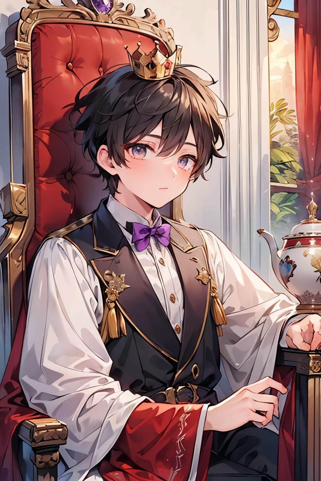 Best picture quality, fairy tale world, young 5 year old boy in prince costume, single red rose, holding glass dome with red rose, happy smile, great smile, very cute boy, amazingly very large round shining eyes, golden hair, desert background, image from the story of the prince of the stars,
