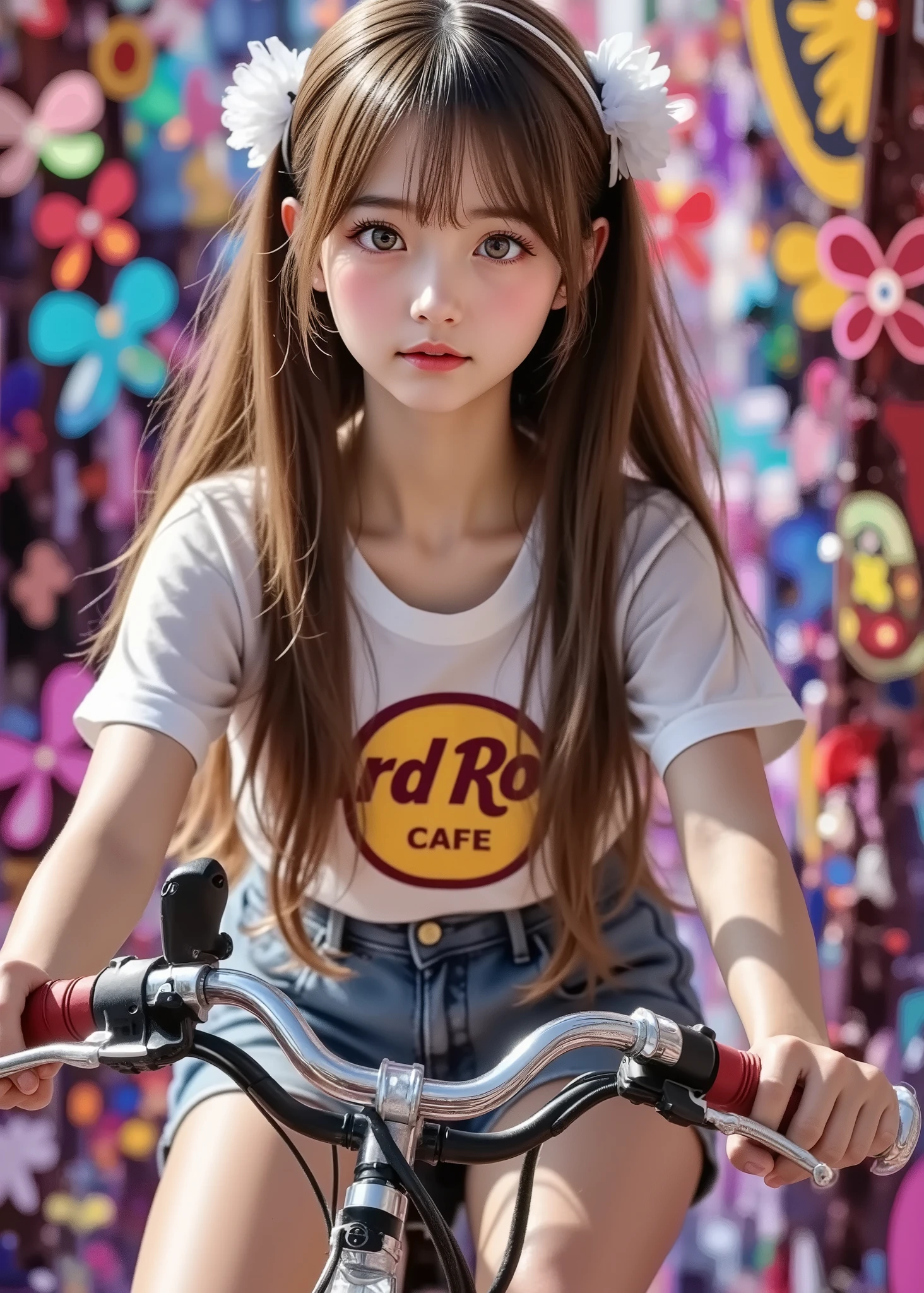 (   Official Art ,   beautiful and aesthetic  :1.2), (  girl :1.3), ( fractal art:1.1), ( colorful:1.1)(Flores:1.3),  Best Details , ( riding a bicycle:1.2),  Hard Rock cafeのtシャツを着て, (   abstract background   :1.3), (deep green eyes ), (Many colors:1.4), (The body is facing this:1.5)