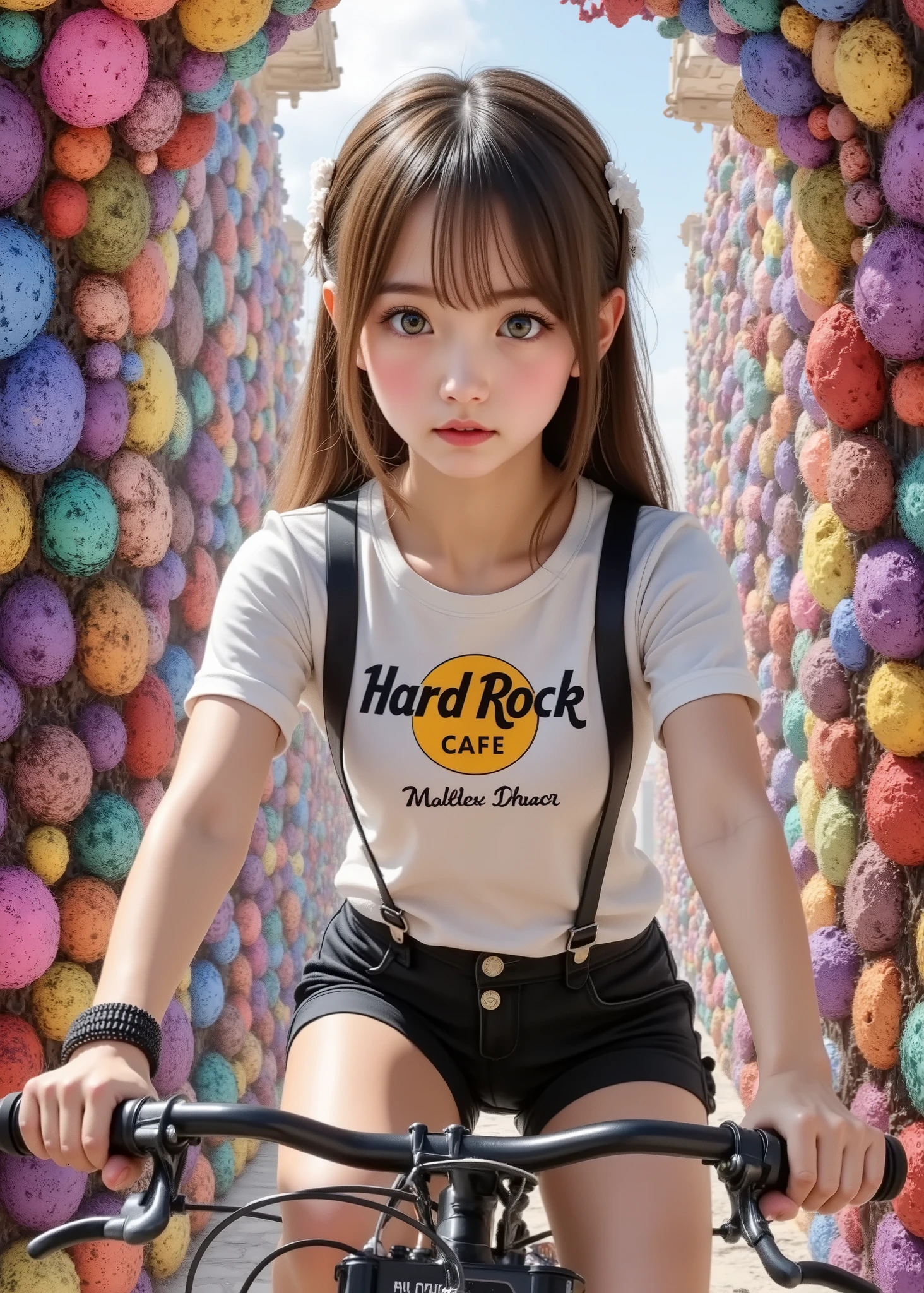 ( Official Art , beautiful and aesthetic :1.2), ( girl :1.3), ( fractal art:1.1), ( colorful:1.1)(Flores:1.3), Best Details , ( riding a bicycle:1.2), Hard Rock cafeのtシャツを着て, ( abstract background :1.3), (deep green eyes ), (Many colors:1.4), (The body is facing this:1.5)