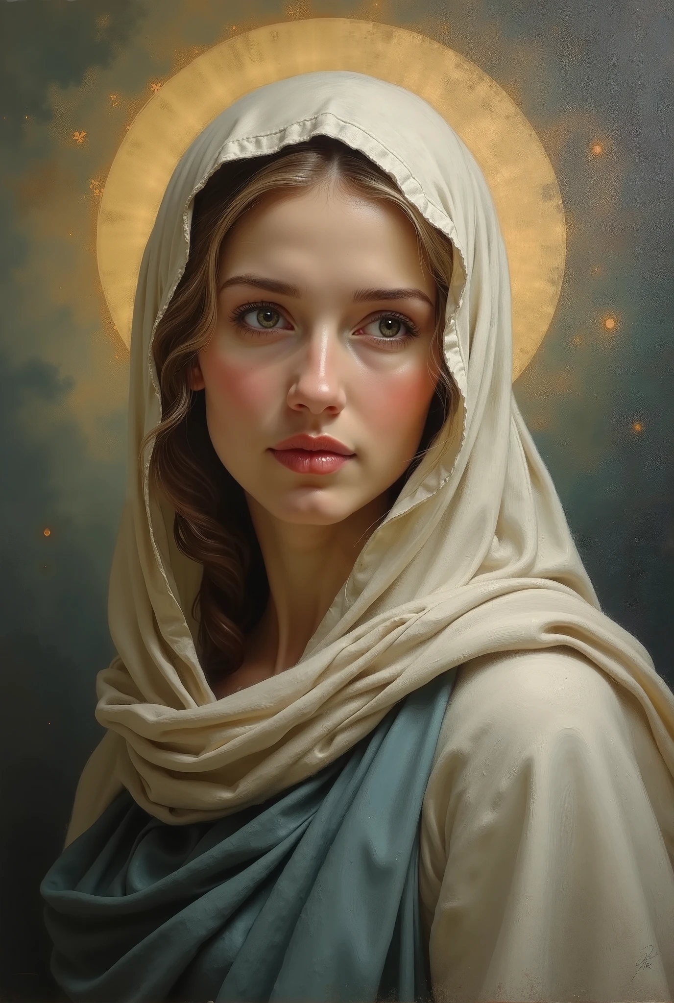 Painting of a woman with a veil and a halo - SeaArt AI
