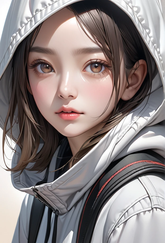 masterpiece, best quality,1girl, solo, hoodie, hood, long hair, brown hair, black eyes, hood up, white hoodie, lips, simple background, closed mouth, upper body, drawstring, yellow background, looking at viewer, traditional media, brown eyes, grey hoodie, portrait, bangs, black hair, nose,