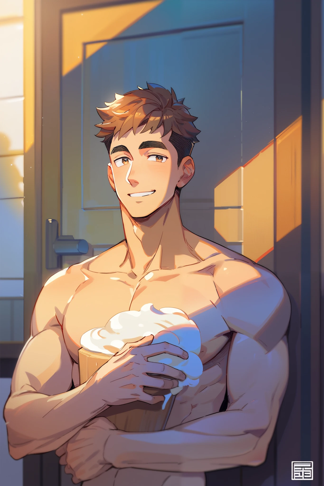 handsome man,Not wearing a shirt,white skin,Handsome face,Shirtless,Full HD,masterpice,short hair,Arm muscles,Chest muscles,smiling, happy,Wear cream-colored shorts.,V Shape,making pastry dough,Enter the kitchen in pastel colors.,Beat flour to make dessert,male body,sexy body,Cake strawberry,Handsome face,pink hair,Moisturized mouth,Seductive eyes,Topless,blue eyes,licking Ice cream,whipped cream,4K,Beat the pastry dough,perfect body,perfect Abs