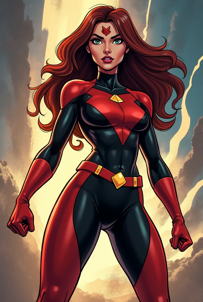 Generate me an image of a red-haired superheroine, that the suit be short-sleeved, that it be red and that the image have a comic style, that it's in a city background, that the superheroine is further in the background