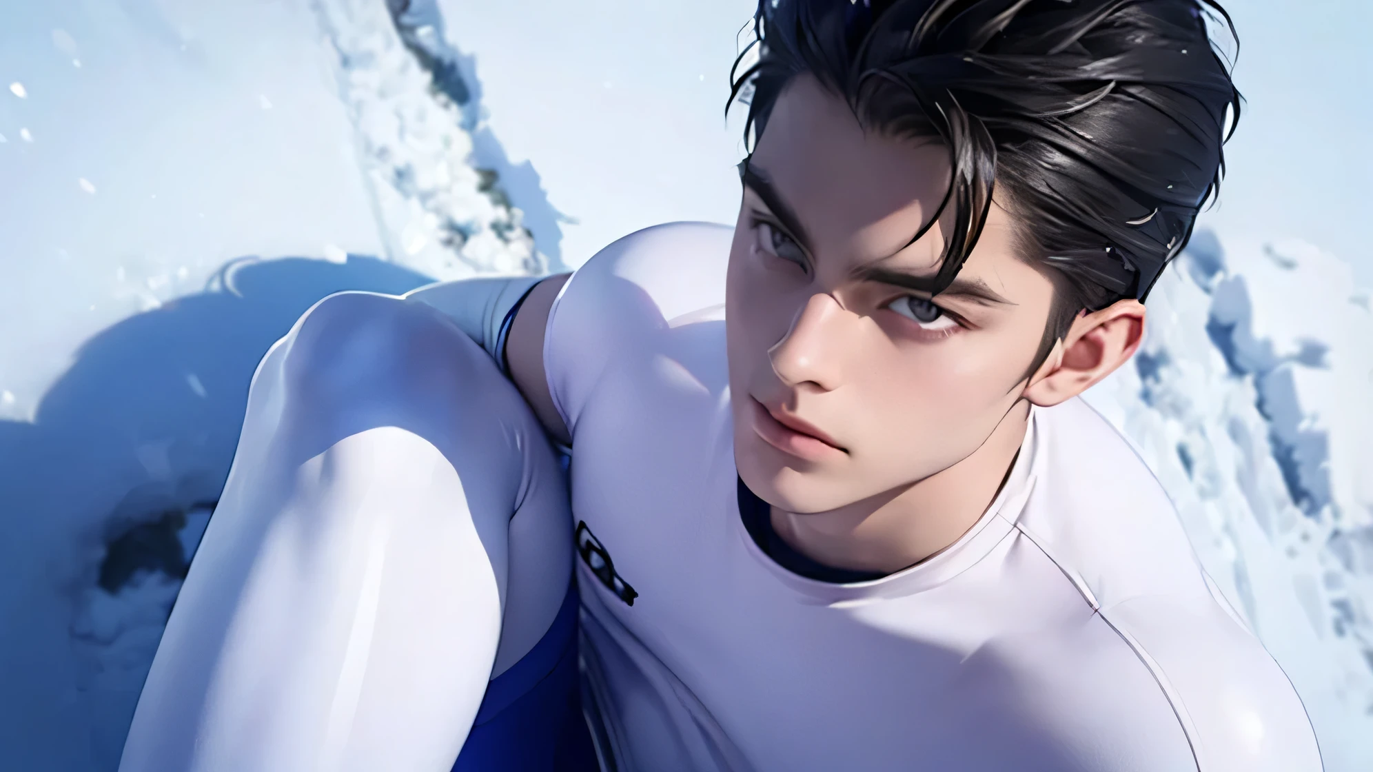 Japanese handsome black hair short cropped male Slim figure Bulge transparent bright white compression suit Nude Lower Body with Pink Briefs Face close-up The background is Antarctica In the snow The background is Antarctica Just snow Face close-up Japanese handsome 短い black hair short cropped sit with your knees folded on the snow A look of pity composition from directly above Face close-up Face super up