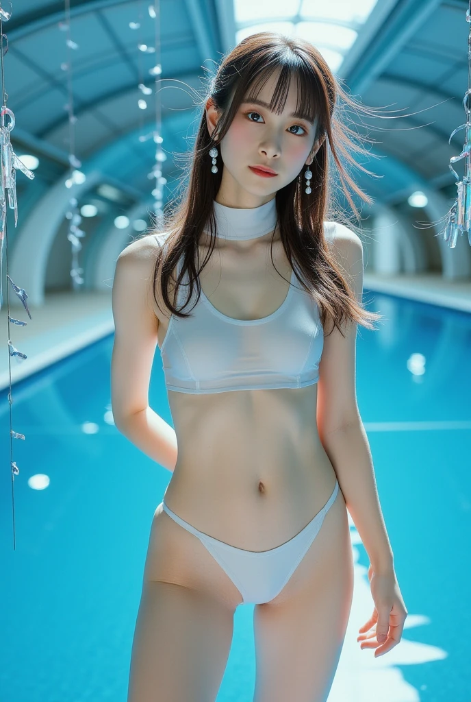 a close up of a woman in a wetsuit posing by a pool,shiny wet skin!!, wet look, cute girl wearing microbikini without bra-pad, gorgeous chinese model, hot with shining sun, wet shiny skin,beautiful asian girl, wite microbikini without bra-pad, japanese goddess,(small beautiful hard nipple:1.2)