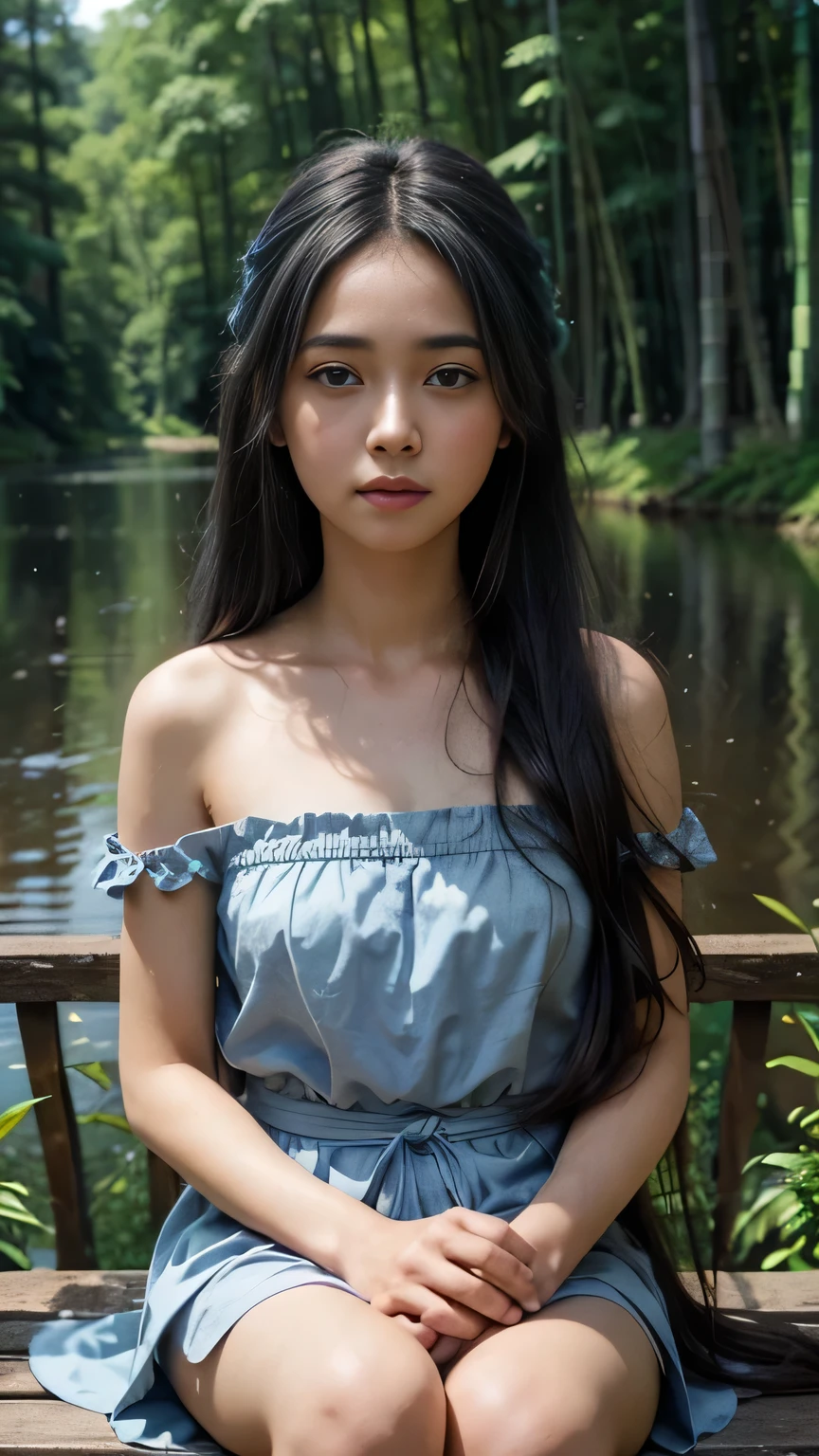 Masterpiece, Best Quality, Official Art, 8k Wallpaper, Very Detailed, Illustration, 1 Girl, Sky Blue Hair, Long Hair, Detailed Eyes, Forrest Gump, Bare Shoulders, Hanfu, Lake, Pure, Soft Smile, bamboo, tea