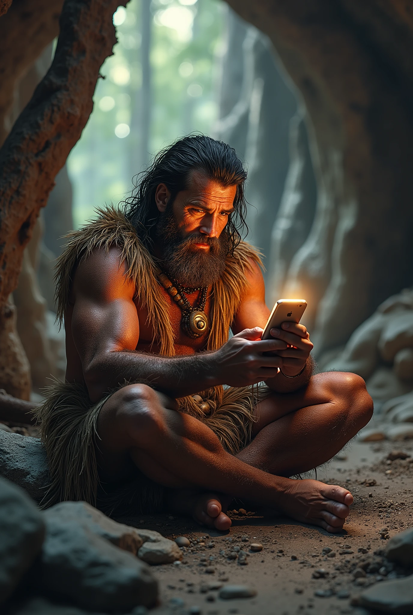 Primitive man with a smartphone，bonfires，Ancient times，Primeval forest，closeup cleavage