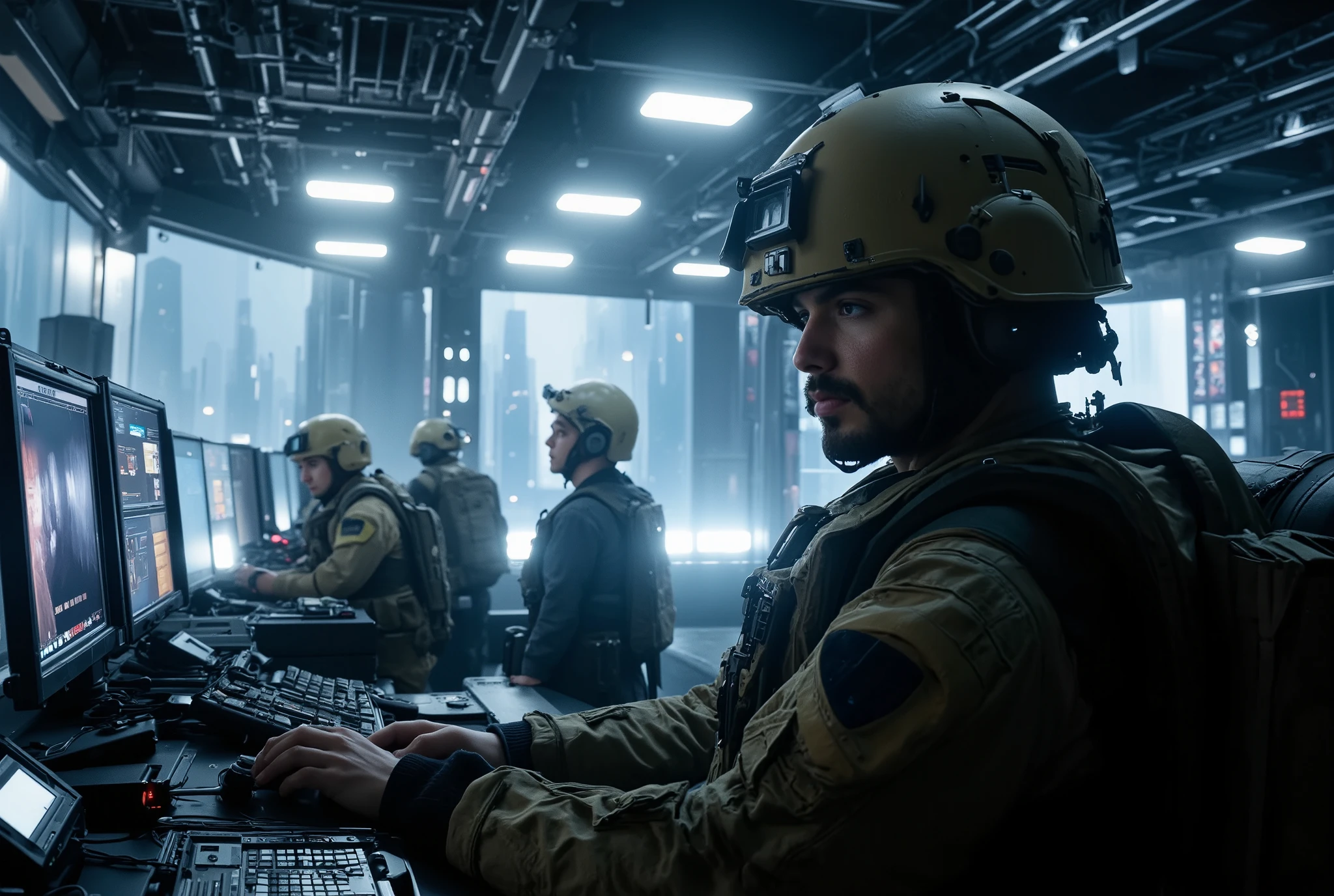 Pacific Rim , Monster Invasion Warning , Earth Defense Force Mobilization , Future Technology, photorealistic style , Photographed with Fujifilm X-T20 and 35mm Lens, Bright Emergency Light , Military Base Atmosphere .