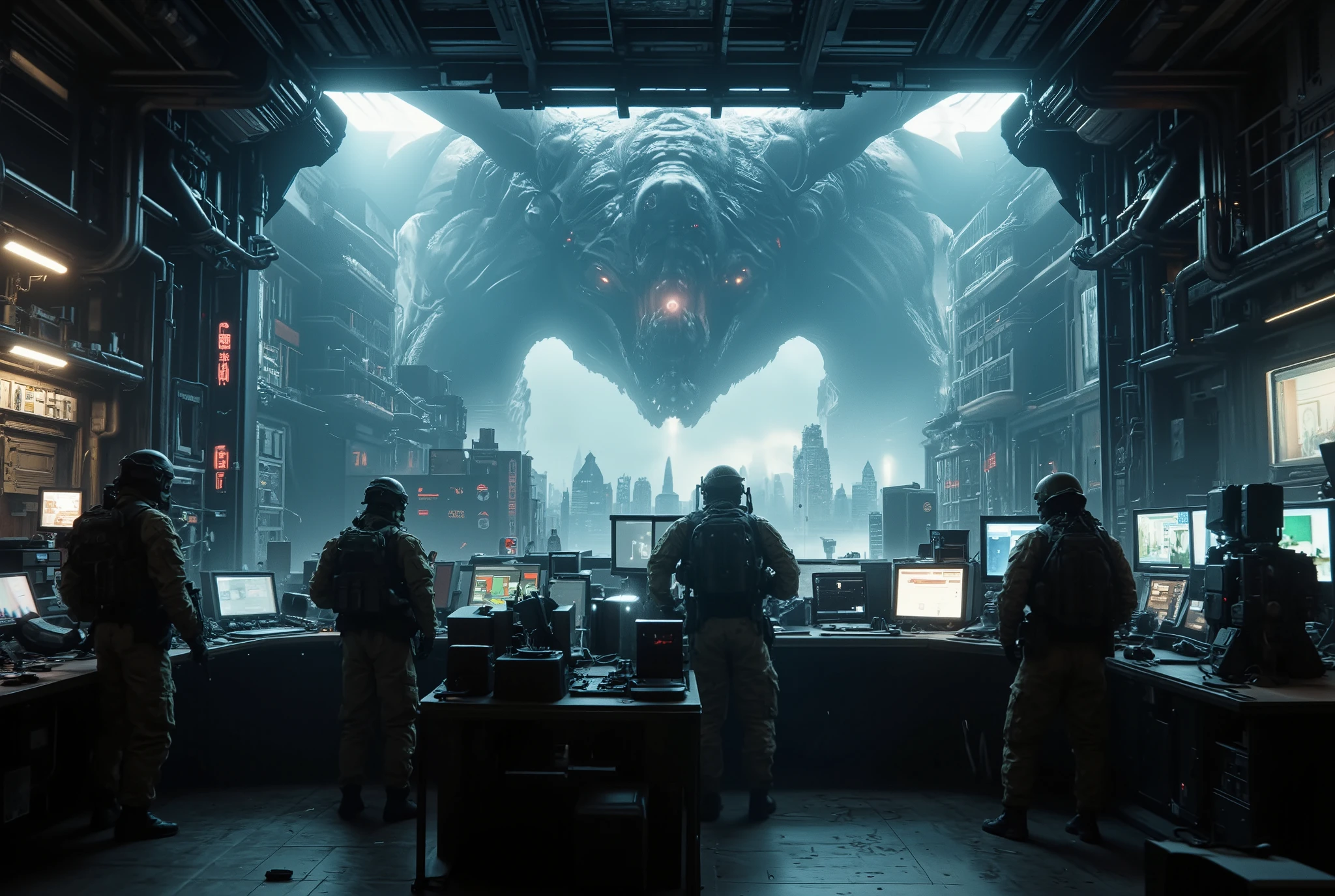 Pacific Rim , Monster Invasion Warning , Earth Defense Force Mobilization , Future Technology, photorealistic style , Photographed with Fujifilm X-T20 and 35mm Lens, Bright Emergency Light , Military Base Atmosphere .