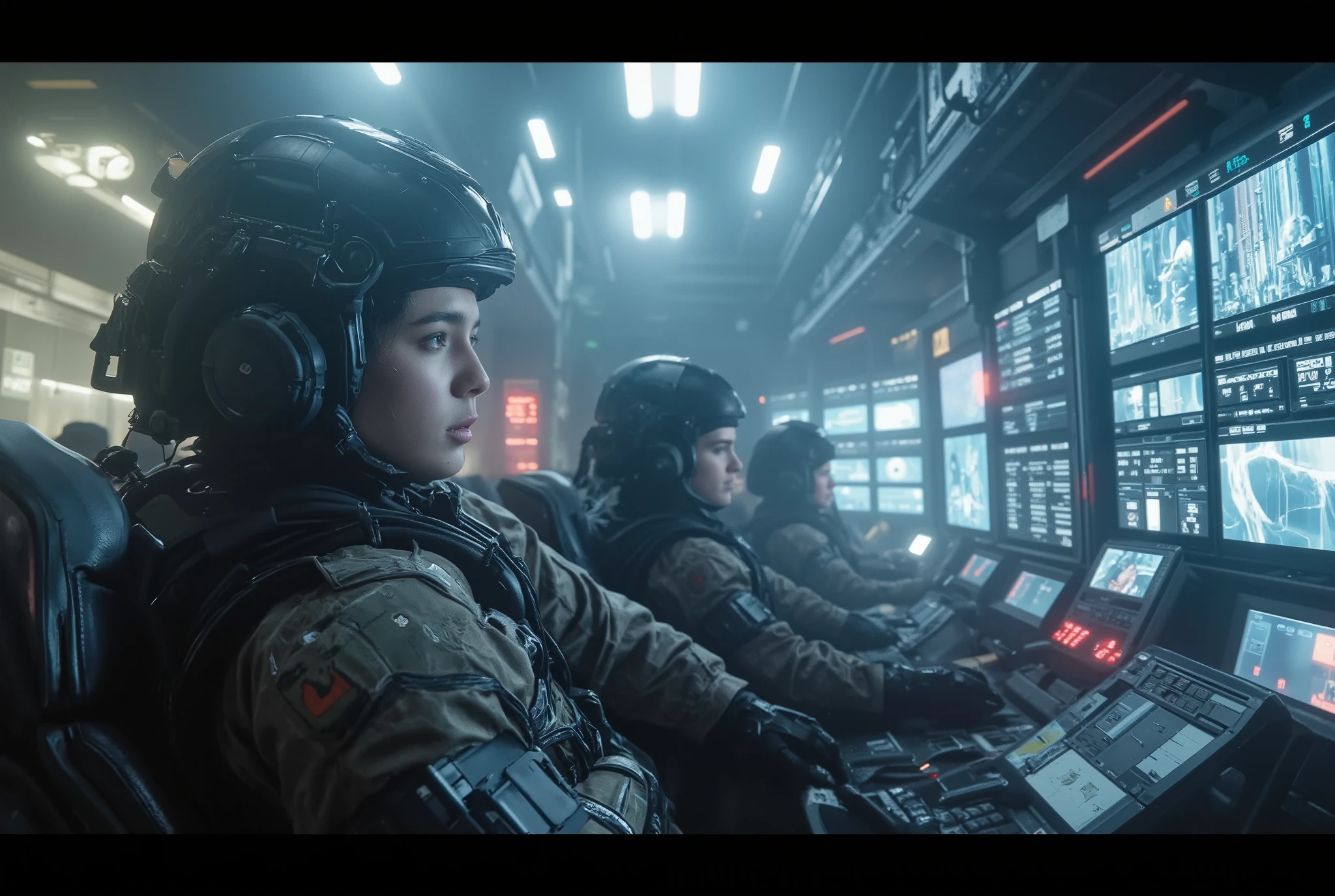 Pacific Rim , Monster Invasion Warning , Earth Defense Force Mobilization , Future Technology, photorealistic style , Photographed with Fujifilm X-T20 and 35mm Lens, Bright Emergency Light , Military Base Atmosphere .