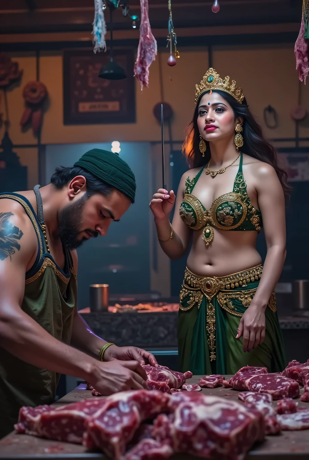 A sexy crowned hindu goddess Saraswati in a sexy dress, holding a veena and standing next to a Muslim guy in a dirty banian and islamic cap in a beef butcher shop, the Muslim guy is cutting beef, detailed digital art, highly detailed, hyper realistic, 8k, photorealistic, cinematic lighting, dramatic colors, intricate details, masterpiece