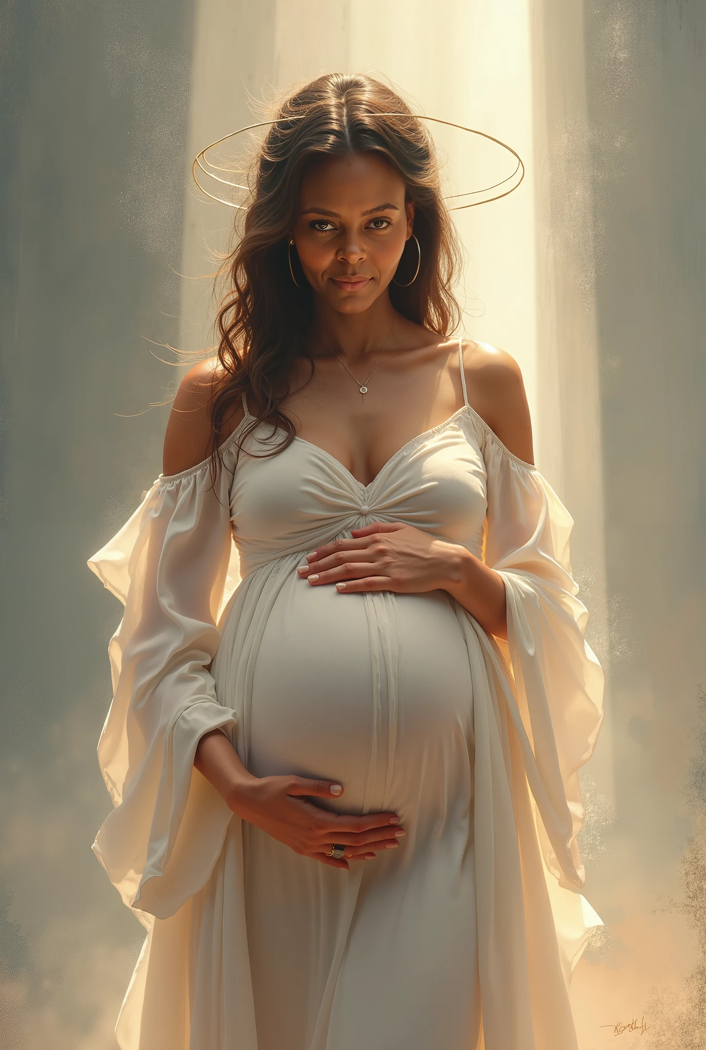 Create an African American girl with wavy brown hair with gray eyes pregnant looking at her belly with love 